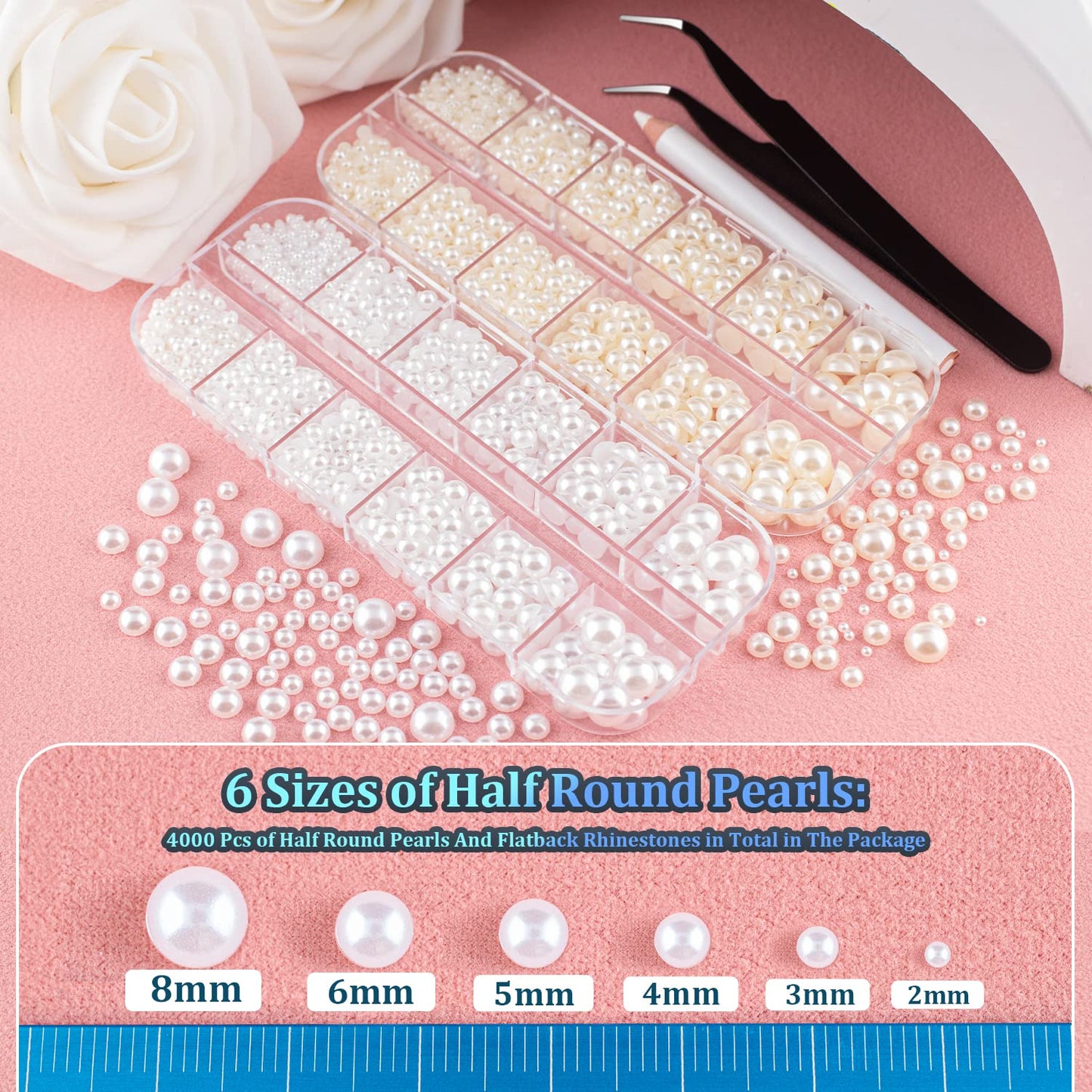 4000 PCS Half Round Pearls and Rhinestones, Flat Back White and Beige Half Pearls and Clear+AB Round Crystal Gem Kit with Tweezer and Pickup Pencil for Nail Art and DIY Decoration