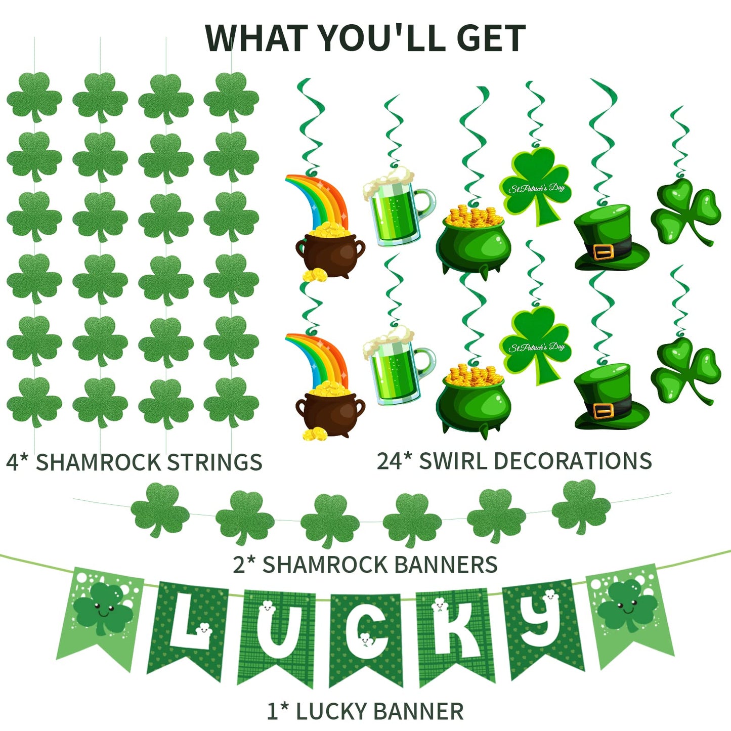 31Pcs St Patricks Day Decorations Pre-Assembled Shamrock Lucky Banner Garlands Clover Hanging Swirls Irish Decor for Home Saint Patrick Party Supplies