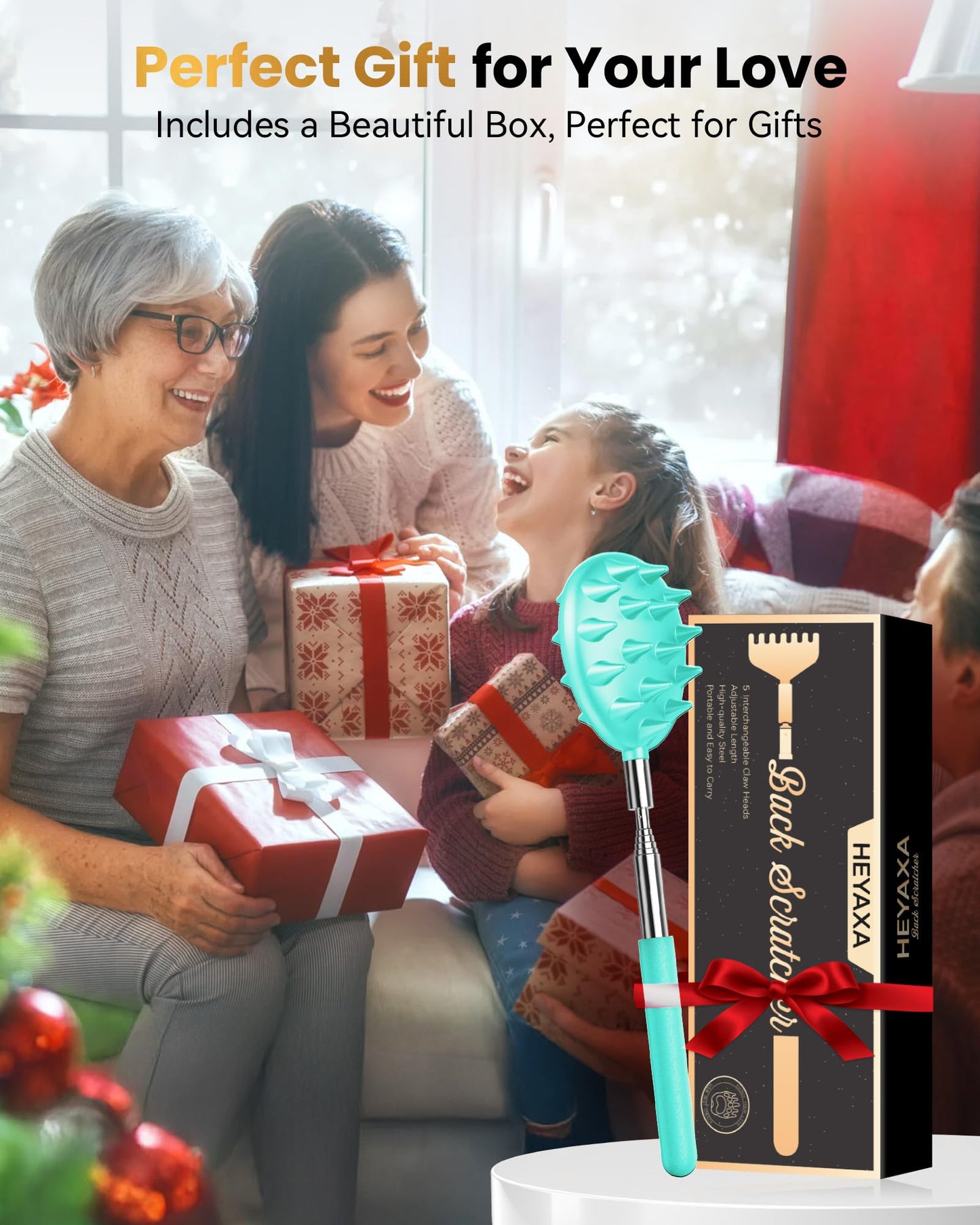 Telescoping Back Scratcher with 5 Detachable Heads, Fathers Day Dad Gifts for Husband, Dad, Men, Women, Practical Birthday Gifts for Men, Adults with Gift Box