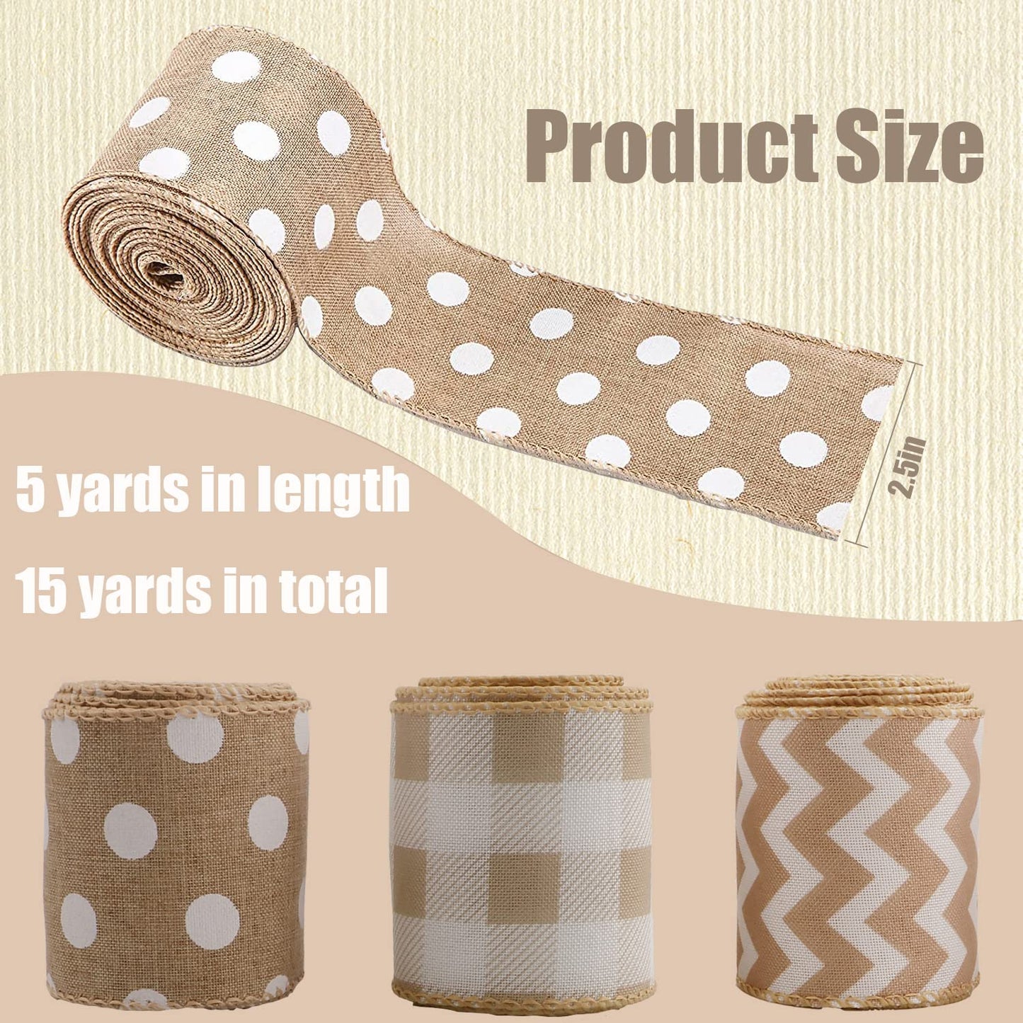 3 Rolls Burlap Wired Ribbons 15 Yards Stripe Dot Buffalo Plaid Pattern Wrapping Gingham Grosgrain Ribbon for DIY Crafts Party Home Decoration, 2.5 Inch x 15 Yards