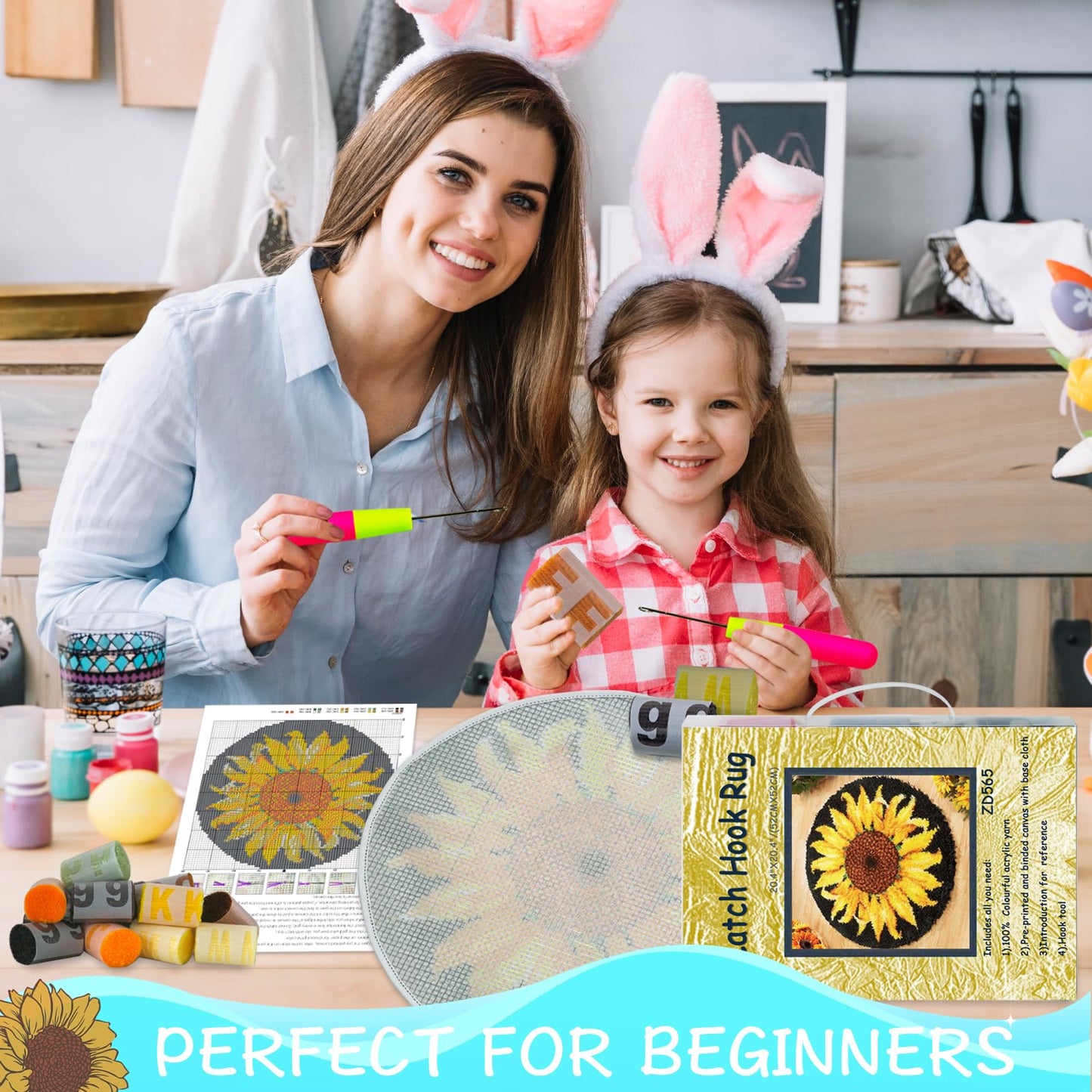 Latch Hook Rug Kit, Sunflower Pattern Printed Canvas DIY Rug Crochet Yarn Kits, Embroidery Decoration 20.4" X 20.4" (52 * 52cm)