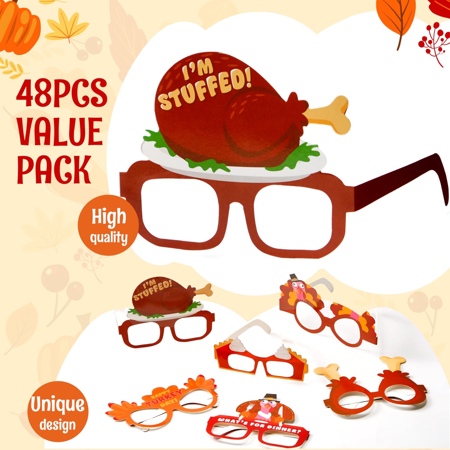 JOYIN 24 Pcs Thanksgiving Turkey Eyeglasses, Turkey Eyewear Frame Pumpkin Maple Leaves Photo Props for Kids Thanksgiving Harvest Party Decoration and Thanksgiving Day Accessories (One Size Fits All)