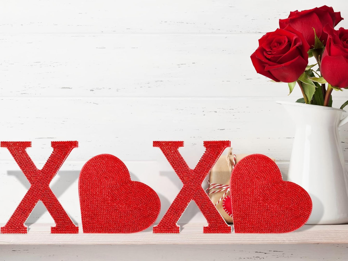 Wood Valentine's Day Table Decorations Freestanding Block Red Cutout Letters with Rhinestone Decor for Valentine's Day Anniversary Wedding Party Favor(Sweet Style)