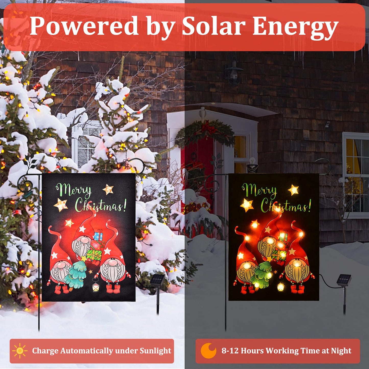 JUSHEN Merry Christmas LED Garden Flag, Lighted Red Gnome Flag, Vertical Christmas Flag for Outdoor Yard Garden Lawn Decoration(12x18 Inch)