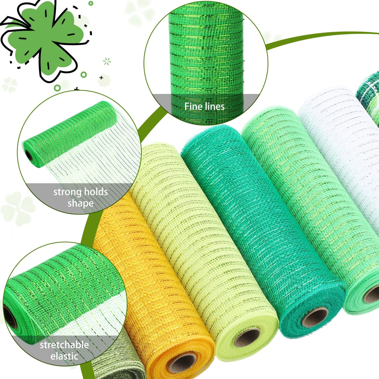 8 Rolls St. Patrick's Day Mesh Ribbon for Wreaths 10 Inch x 30 Feet Each Roll Decor Poly Metallic Foil Mesh Ribbon Decoration DIY Crafts Making Supplies for Spring Wedding