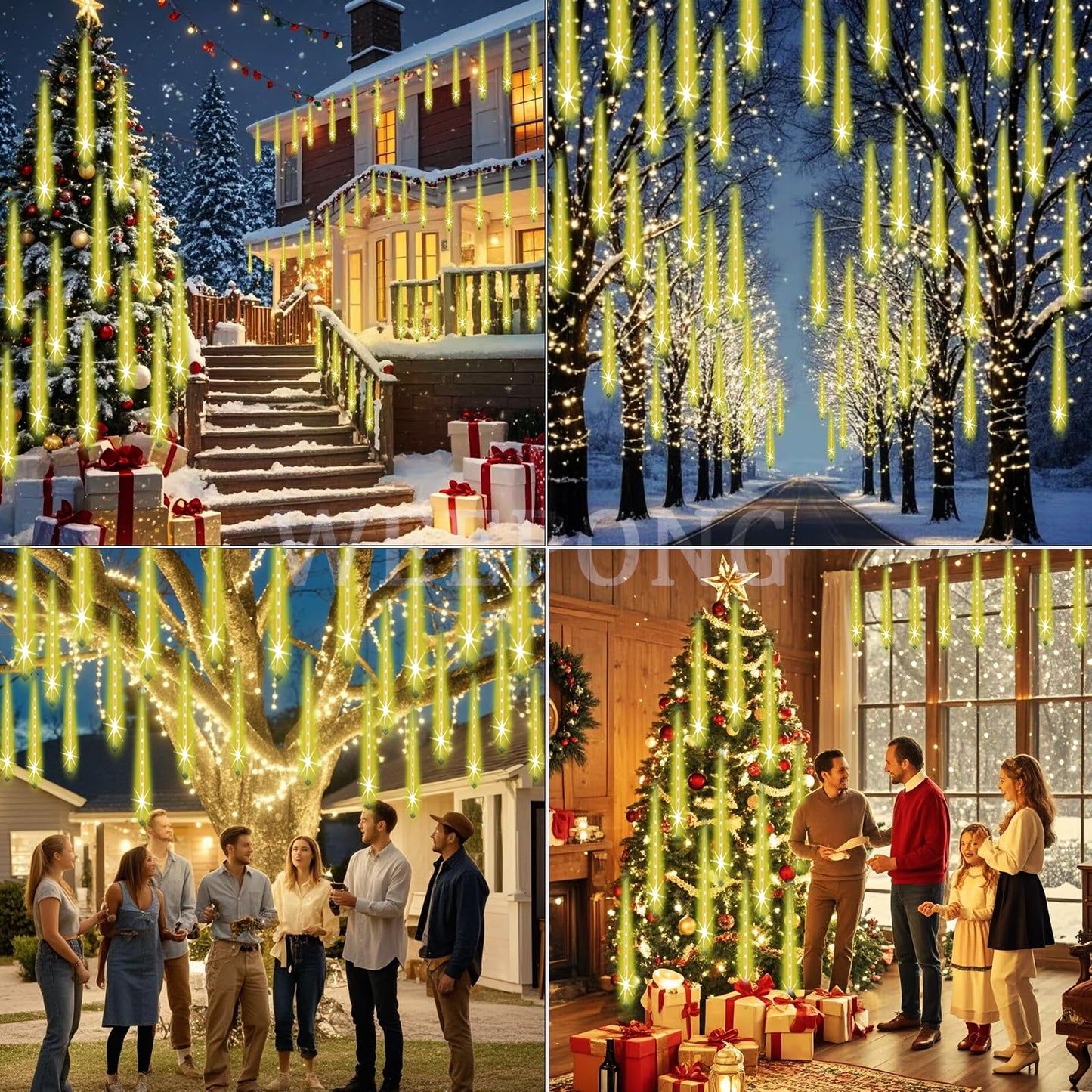 Weepong Christmas Lights Outdoor Falling Rain Meteor Shower Lights 12 inch 8 Tube 192 LED Snowfall Icicle Cascading String Light for Xmas Tree Christmas Decorations Holiday Garden, UL Plug,Warm White