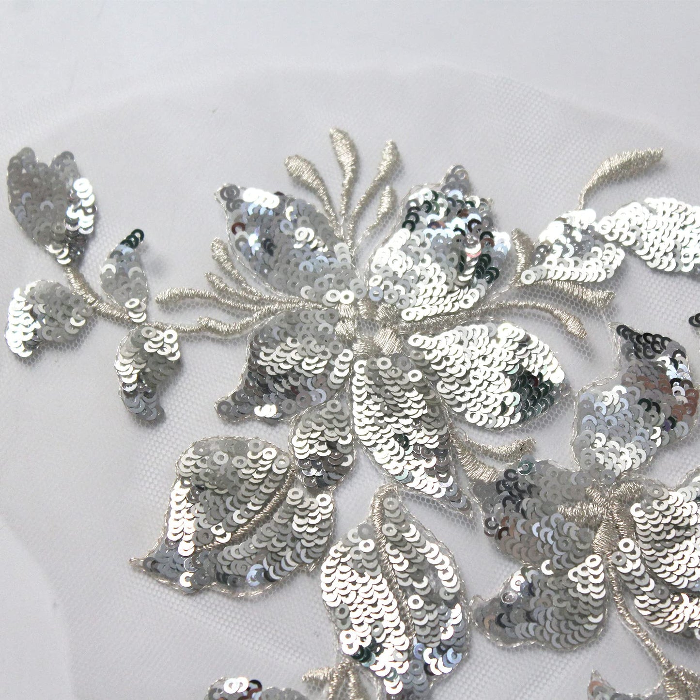 SUNMOVE Embroidery Sequin Lace Applique Sewing Flower Fabric Collar Patch for Wedding Gown Dress Bridal DIY Crafts(Silver)