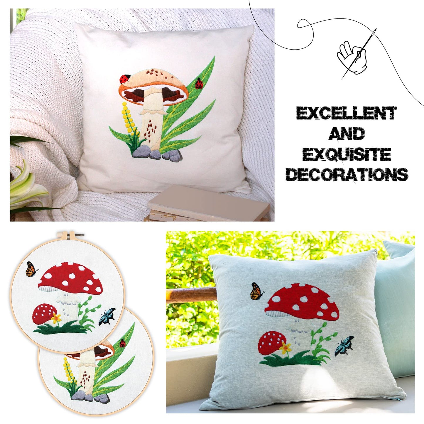 5 Sets Mushroom Embroidery Kit for Beginners with Pattern and Instructions Include Embroidery Cloth Hoops Threads for Craft Lover Hand Stitch DIY Adult Hand Needlepoint