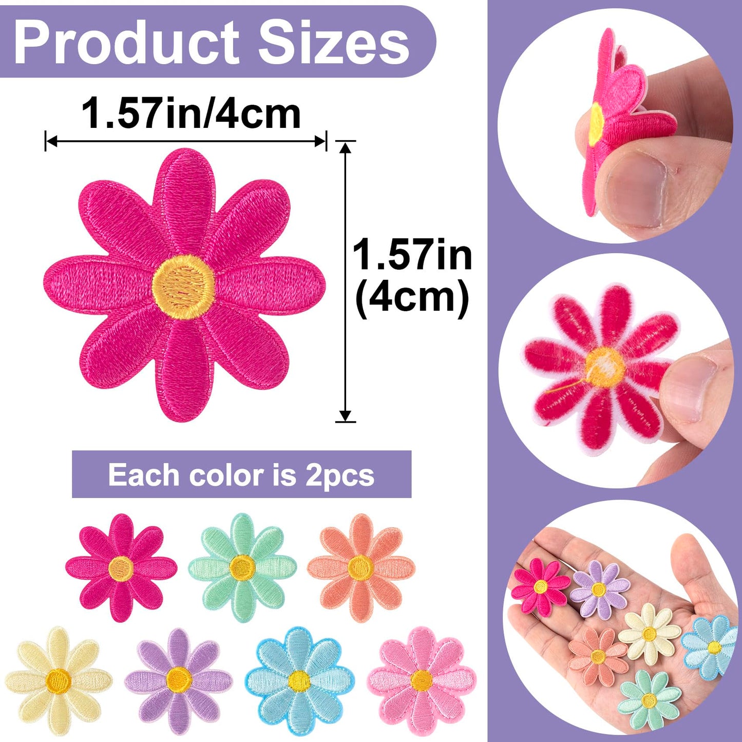 PAGOW 14 Pcs Flower Iron on Patches, Cute Daisy Flower Applique Patch, Sew On Embroidered Applique Sewing Patches for Bags, Jackets, Jeans, Clothes DIY Patches, 1.57x1.57inch (W*H), 7 Colors