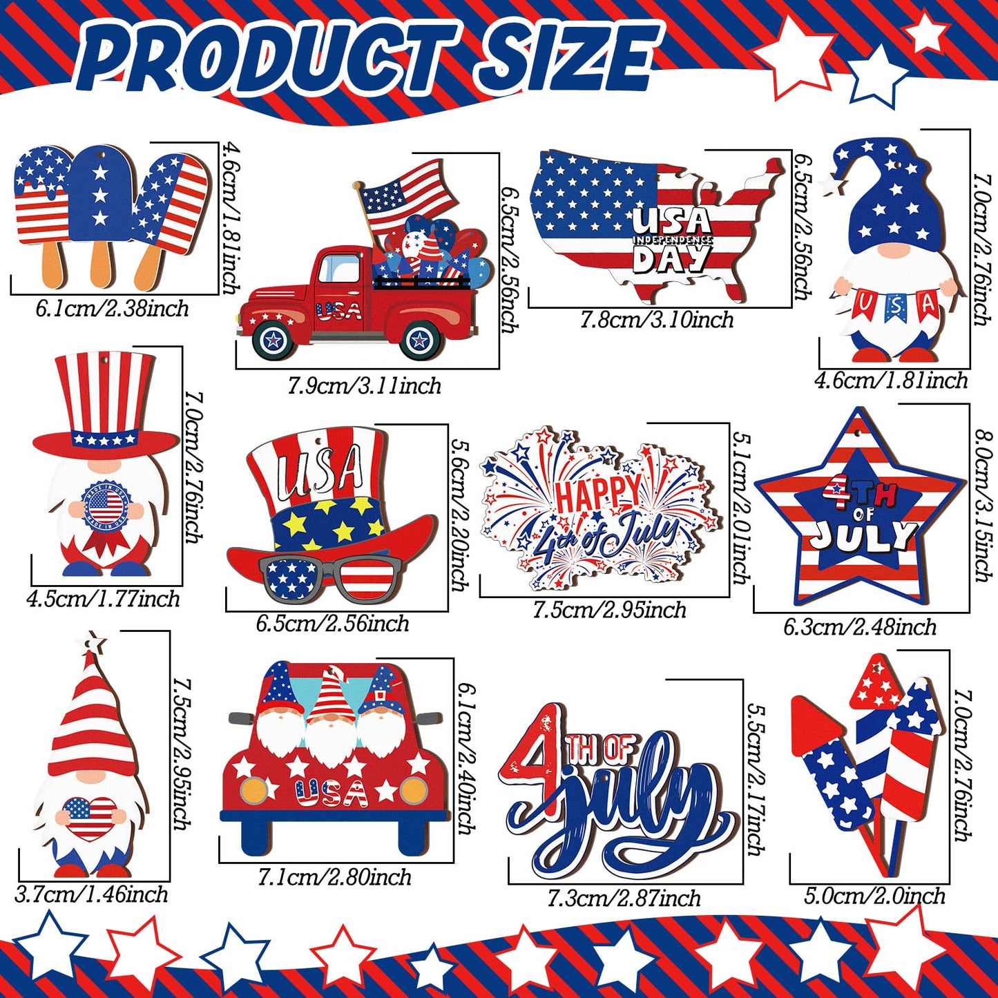 36 Pieces 4th of July Ornaments for Tree Independence Day Wooden Gnome Hanging Decor Red White Blue Wooden Decor Memorial Day Leprechaun Cutouts Pendant for Independence Day Party Home Supplies