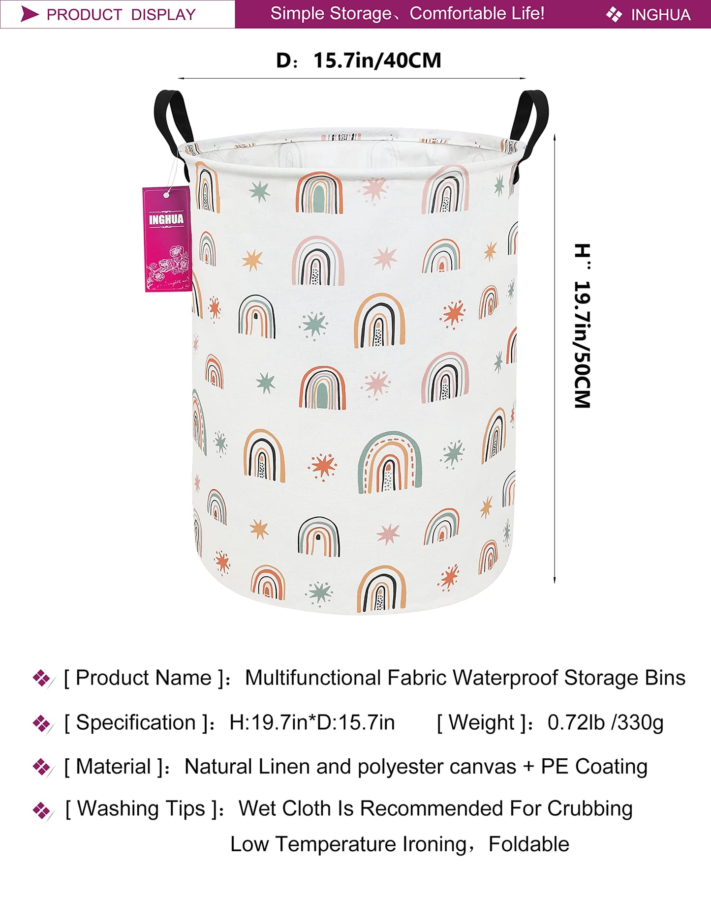 Laundry Hamper Large Canvas Fabric Lightweight Storage Basket/Toy Organizer/Dirty Clothes Collapsible Waterproof for College Dorms, Boys and Girls Bedroom,Bathroom(Star Rainbow)