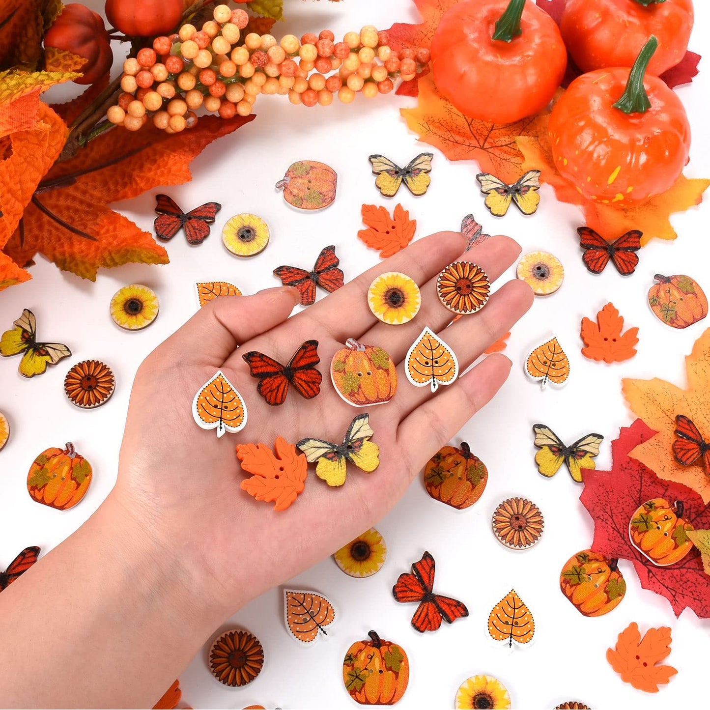 200 Pcs Thanksgiving Buttons for Crafts - Fall Pumpkins Sunflowers Shaped Thanksgiving Day Wooden Orange Buttons for Sewing Clothes Accessories Scrapbooking DIY Decorative Embellishments 1In