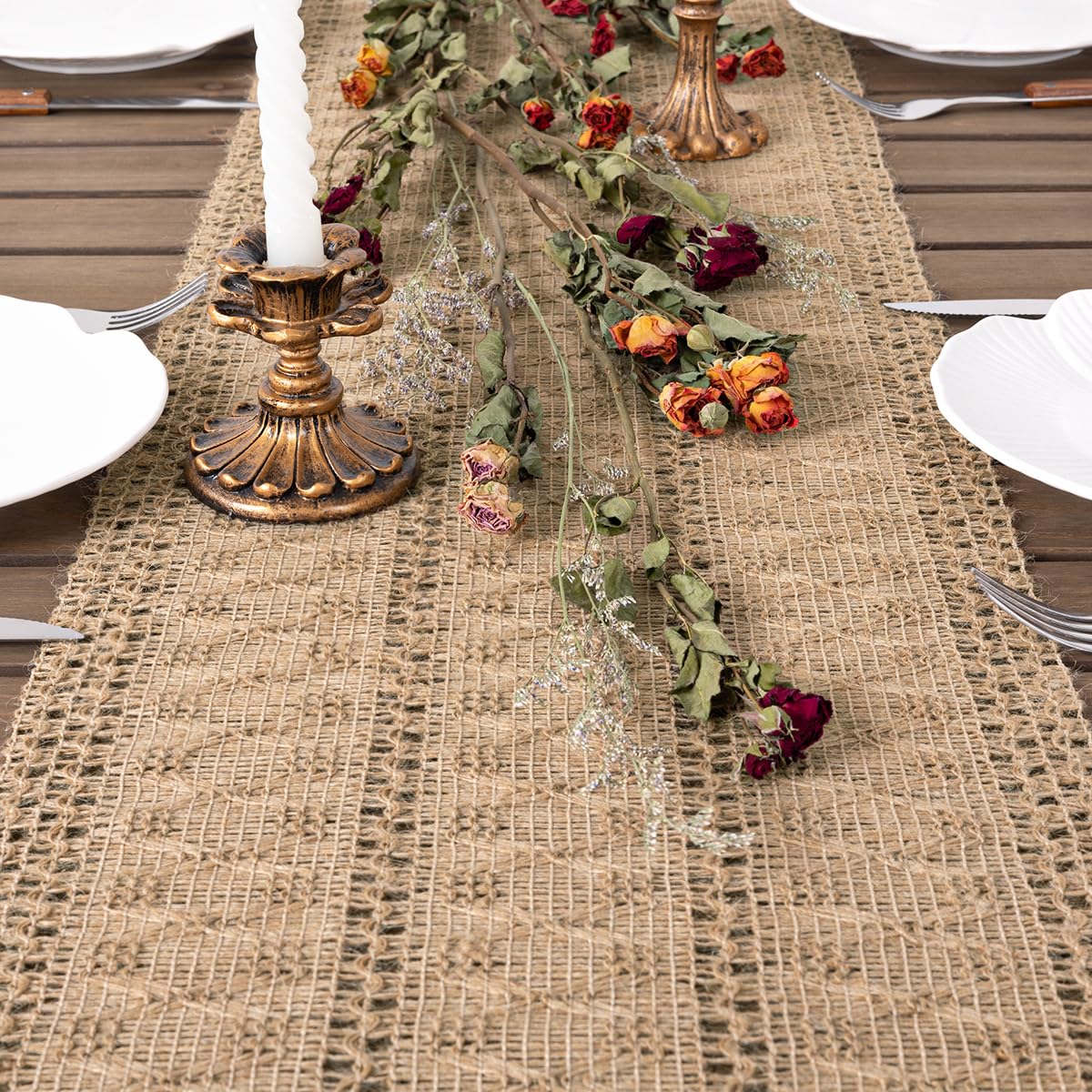 Boho Table Runner Fall Thanksgiving Farmhouse Burlap Jute Bamboo Rustic Dining Kitchen Centerpiece Decor Small Macrame Woven Coffee Table Runner for Dresser Scarf Home Decor 12x36 inch