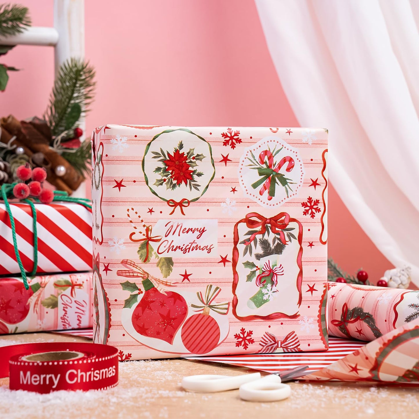 30 Inch Jumbo Reversible Christmas Wrapping Paper - 30 Inch x 33 Feet - Pink & Red Classic Christmas Decor and Stripes Wrapping Paper for Xmas Holiday, Party Celebration