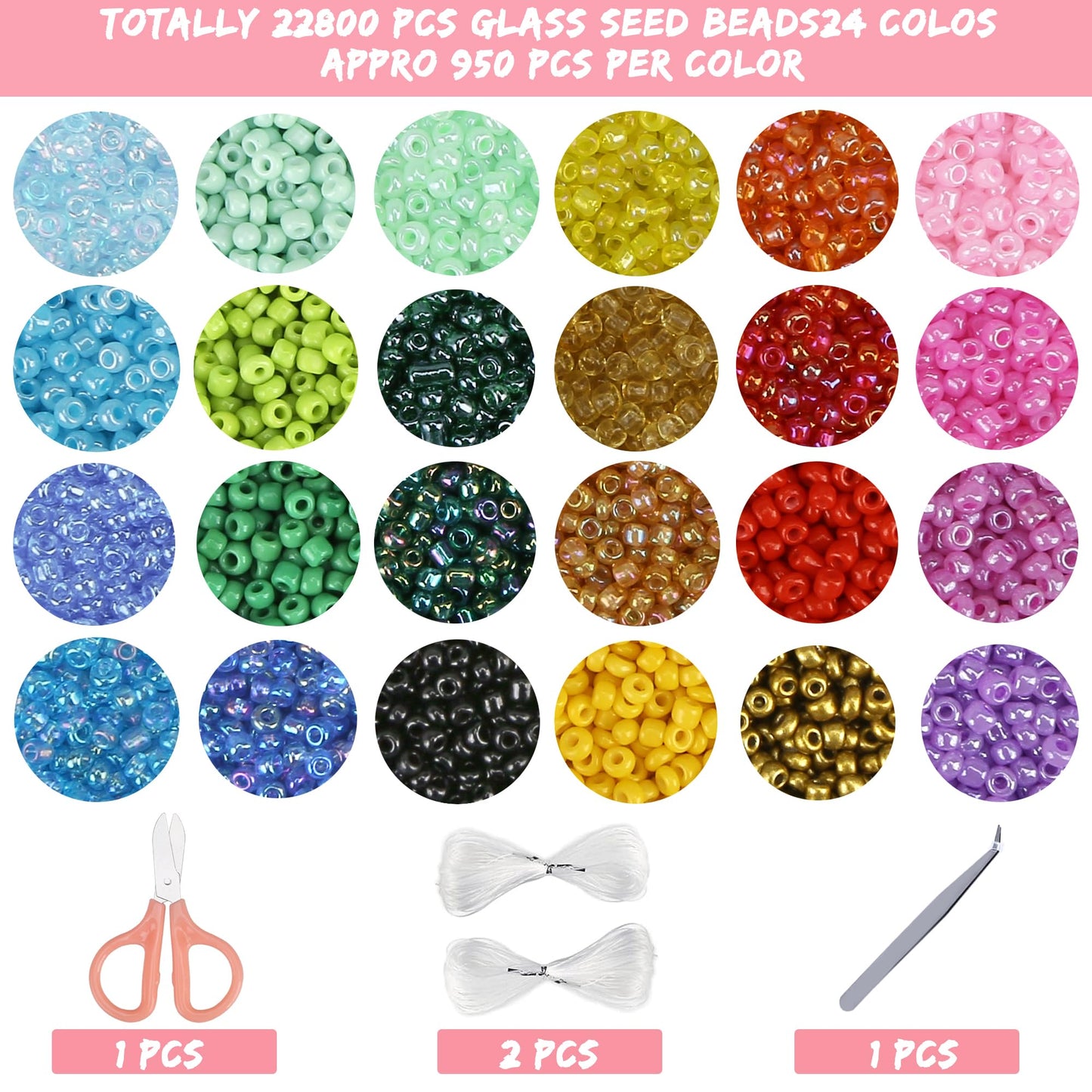 GREENTIME 22800pcs Glass Seed Beads for Bracelets Making Kit, Small Craft Beads 11/0 Waist Beads for DIY Bracelet Necklaces Craft Making Supplies (24 Colors)