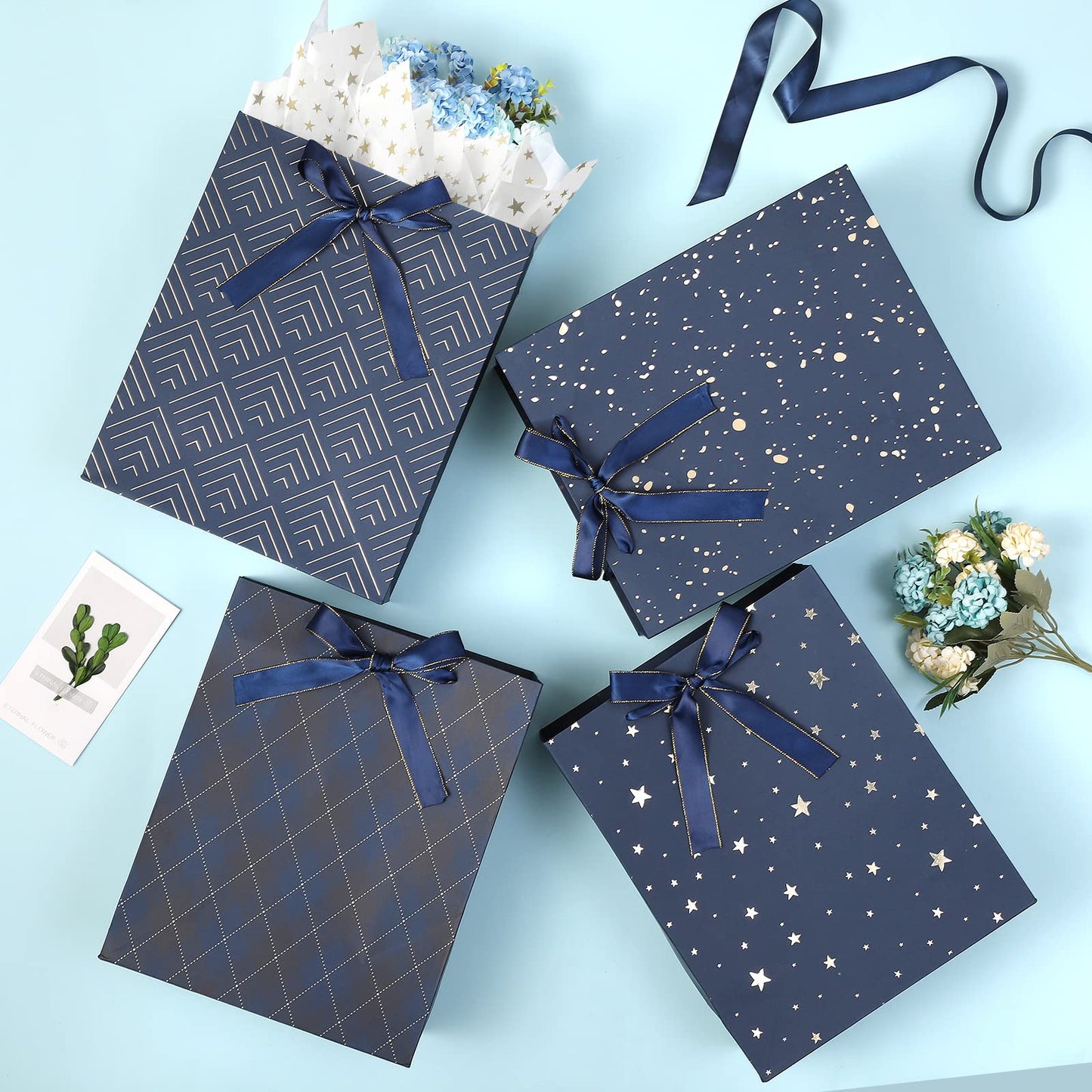 4 Pack 13" Large Size Gift Bags Assorted Premium Blue Gift Bags with Tissue Paper Use for Birthdays, Baby Shower,weddings,Party Favor, Holiday Presents-10" X 5" X 13"
