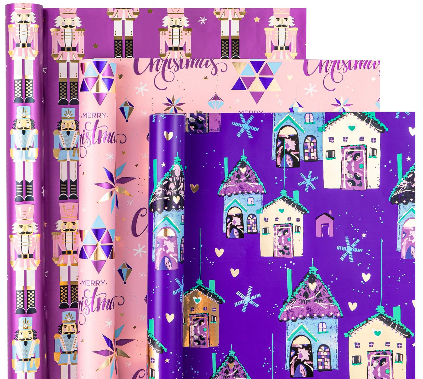 Christmas Wrapping Paper Roll - Mini Roll - 3 Rolls - 17 Inch X 120 Inch Per Roll - Pink and Purple Nutcracker, House Holiday Collection with Metallic Foil Shine