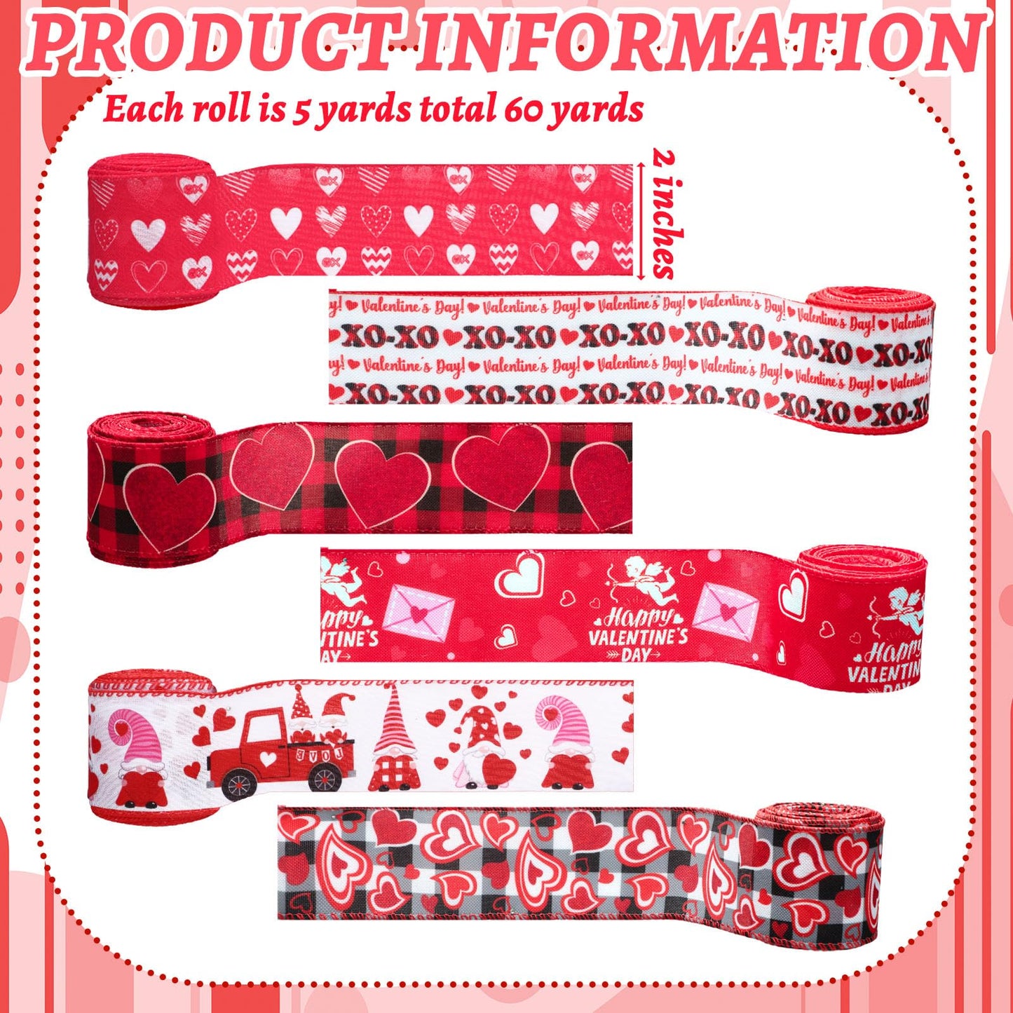 12Rolls Valentine's Day Wired Edge Ribbon for Wreaths 2 Inch x 30 Yards Red and Pink Heart Cupid Ribbon for Valentine's Day Party Decorative Supplies 12 Styles
