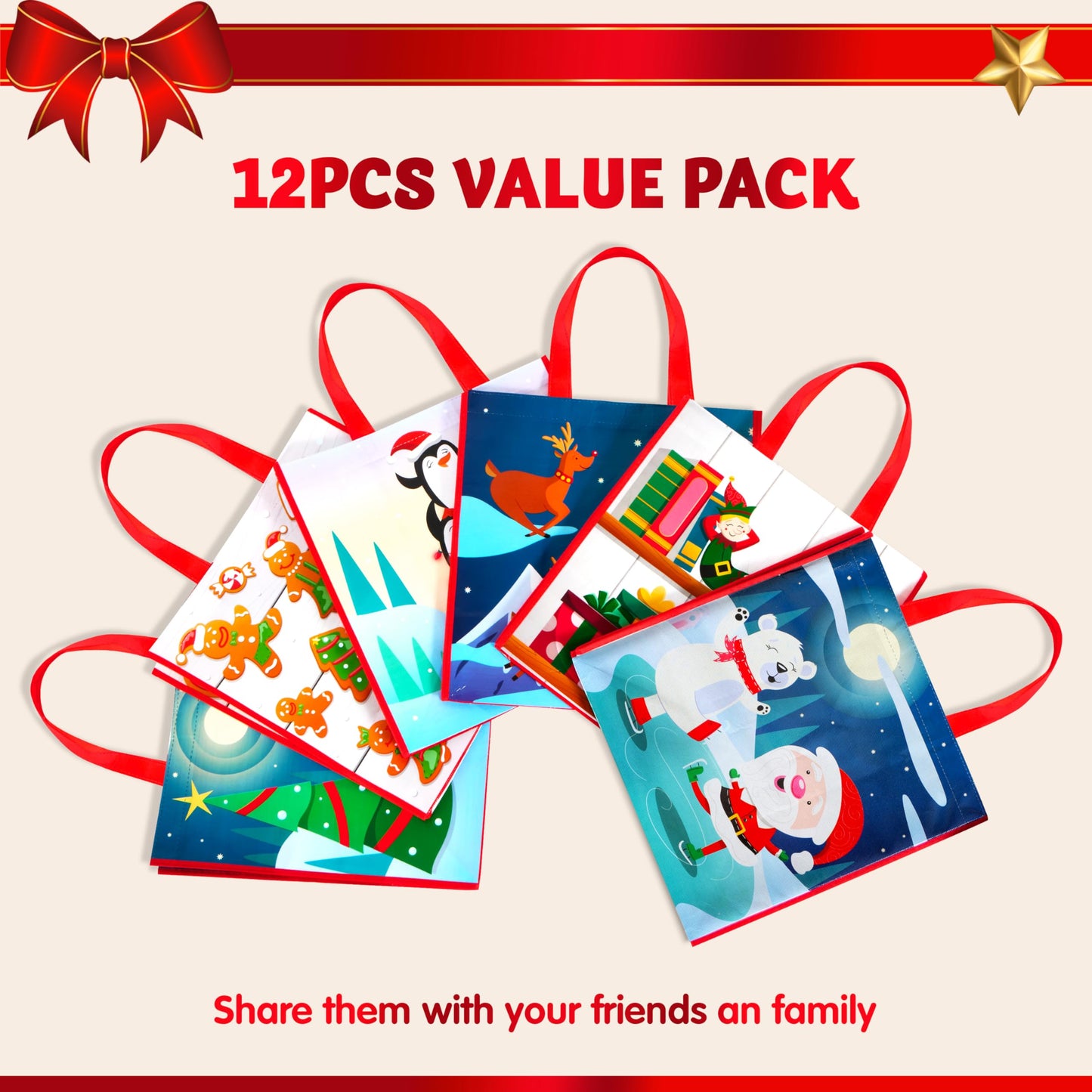 12 PCS Christmas Large Gift Bags with Handles 13.75" x 14", Non-Woven Tote Bag for Wrapping Xmas Party Favors, Reusable Grocery Bags, Party Supplies