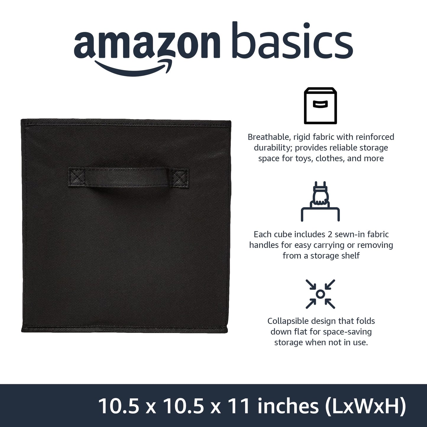 Amazon Basics Cube Organizer Storage Bins Handles, Collapsible Fabric, Pack of 6, 10.5"x10.5"x11", Black