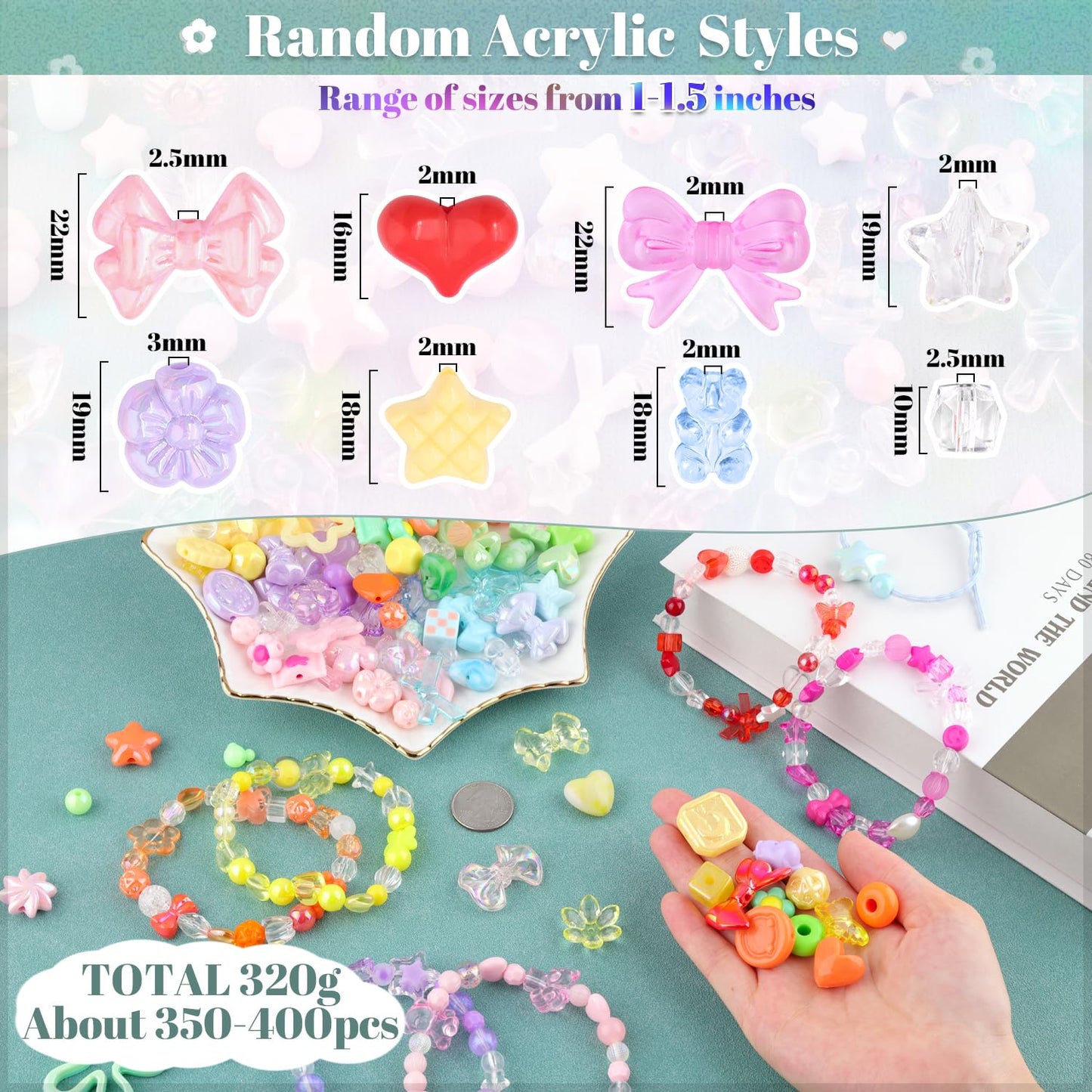 TINKRSTUFF Assorted 400PCS Mix Acrylic Beads for Bracelet Making, Flower Bow Butterfly Candy Heart Gummy Bear Kawaii Aesthetic Beads,Cute Beads for Jewelry Making DIY Necklace Keychain Phone Charms