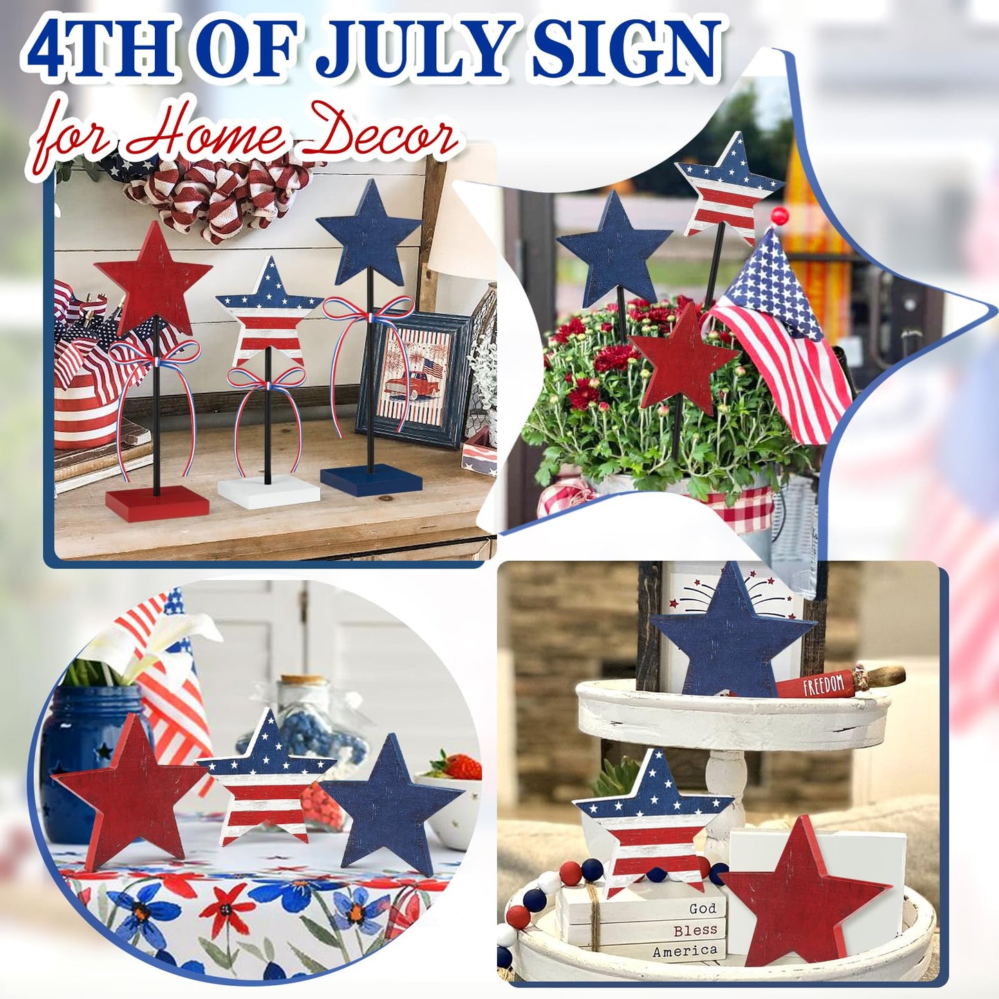 Hedeey 4th of July Tiered Tray Decor Wooden Star Set, 3 Pcs Memorial Day Table Decorations, Rustic Patriotic Tabletop Home Decor, Red White and Blue Decorations for Home (Retro)