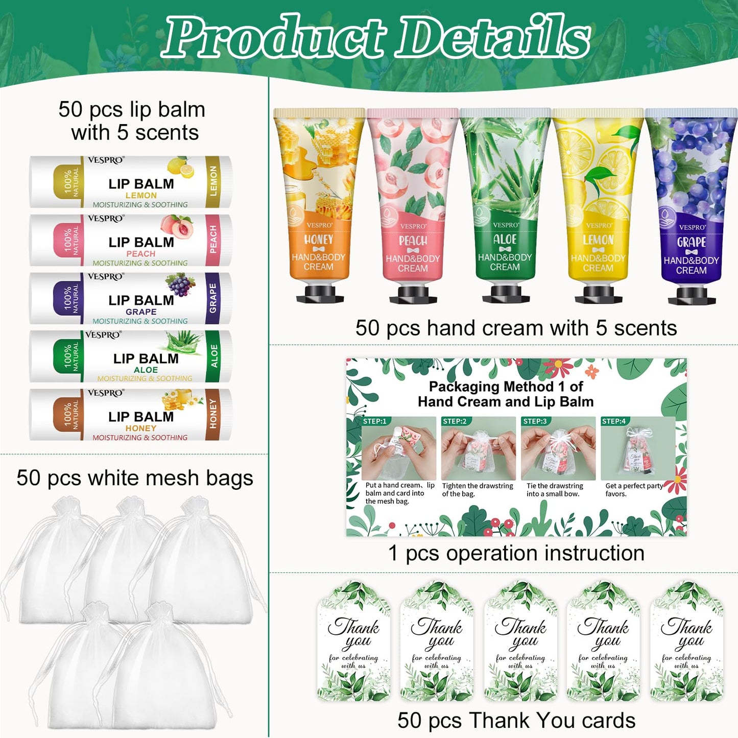 50 Sets Bulk Hand Cream and Bulk Lip Balm, Easter Basket Stuffers, Mothers Day Gifts, Bridal Shower Favors for Guests with Thank Card Organza Bags, Wedding Favors, Teacher and Nurse Gifts