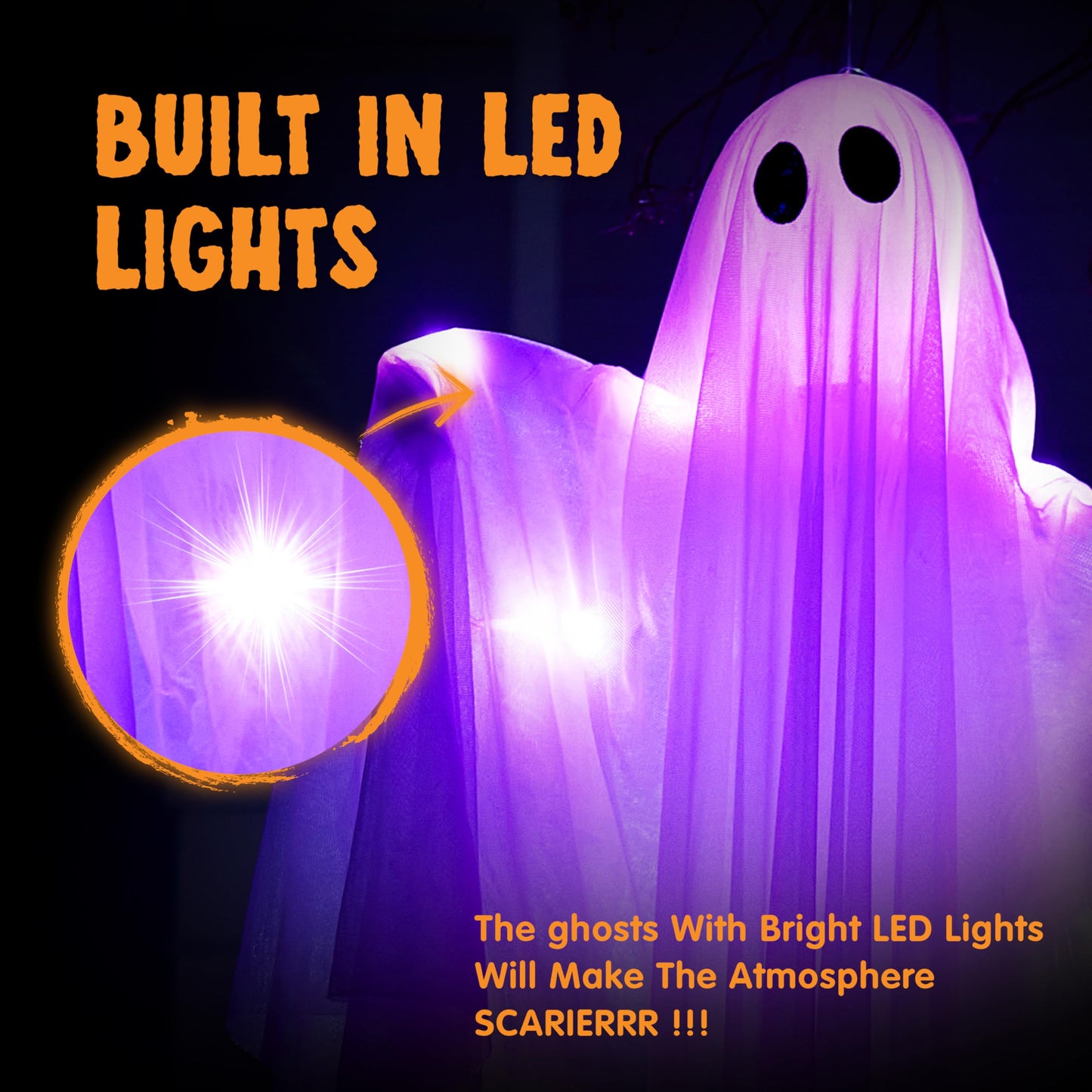 JOYIN 47” Halloween Hanging Light up Ghost Decoration Outdoor with Purple LED Light, 2 Pcs Halloween White Hanging Ghost for Haunted House Prop, Party Supplies, Front Yard Patio Garden Decor