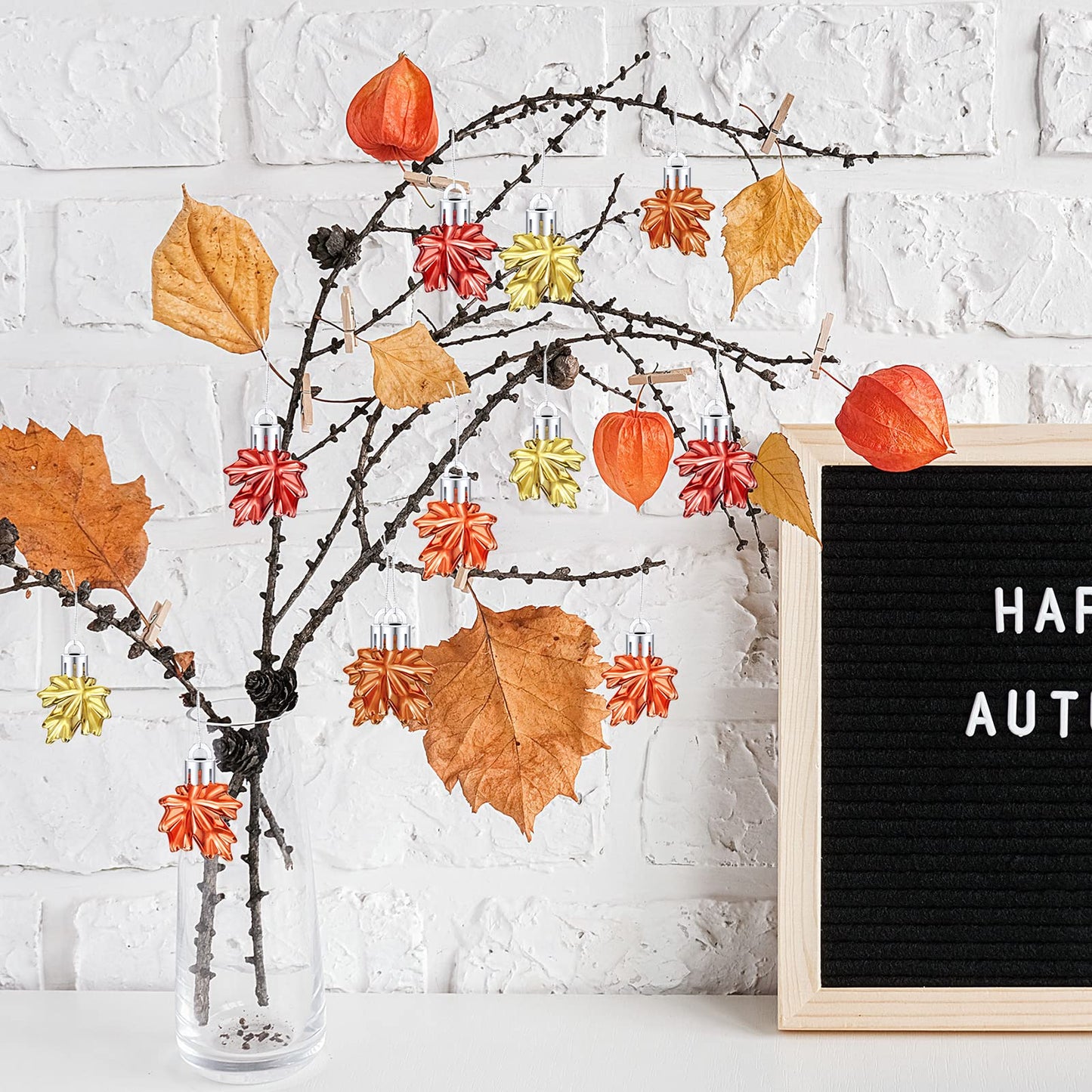 Funtery Thanksgiving Maple Leaf Ornaments Small Maple Leaf Hanging Pendant Small Tree Fall Autumn Mini Hanging Ornaments for Thanksgiving Tree, Table, Party Farmhouse Rustic Home Decorations(24 Pcs)