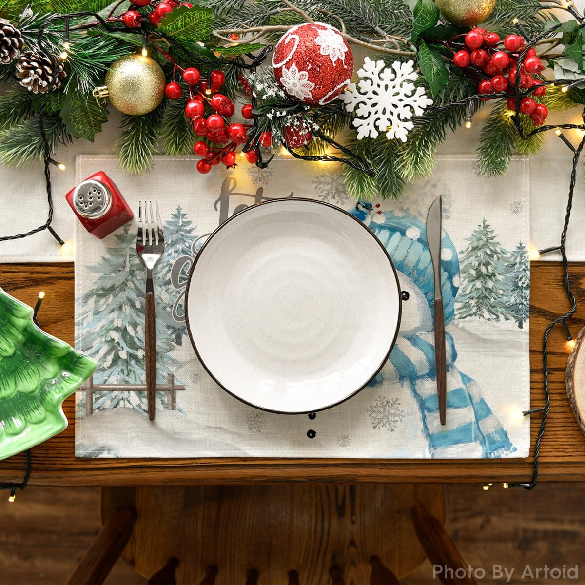 Xmas Trees Let It Snow Blue Snowman Christmas Placemats Set of 4, 12x18 Inch Winter Table Mats for Party Kitchen Dining Decoration