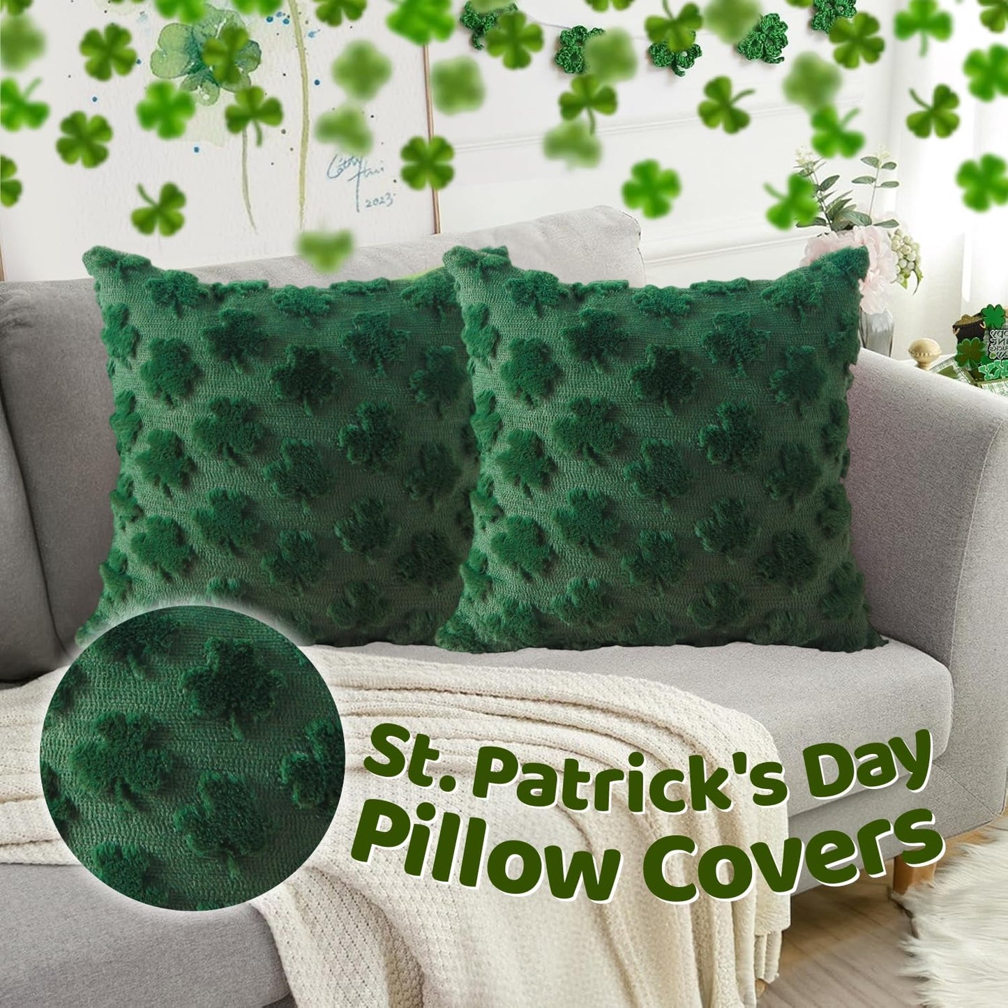 St Patricks Day Pillow Covers, 18x18 Inch Set of 2 Green Shamrock Throw Pillows, Soft Plush & Faux Fur Decor for Couch Sofa Bedroom, Holiday Home Decorations