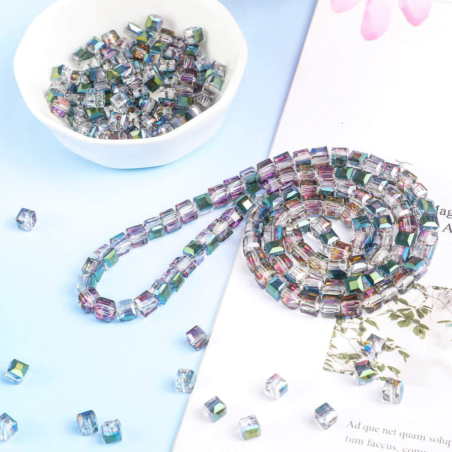 200 Pieces Austrian Crystal Cube Beads Green and Pink Square Glass Bead Quartz Loose Seed Beads DIY Bracelet Crystal Beads for Jewelry Making Bracelet Rainbow Necklace Art Crafts (0.24 Inch)
