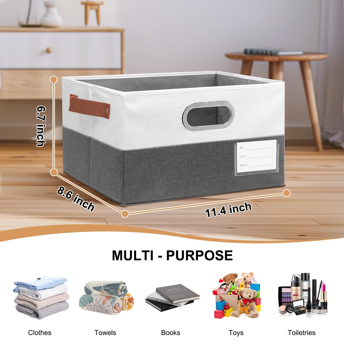 Open Foldable Fabric Storage Boxes, Collapsible Versatile Bins Baskets Cubes with Handles for Easy Organization in Closet, Living Room, and Bedroom (Grey & White, 2PCS/11.4*8.6*6.7in)