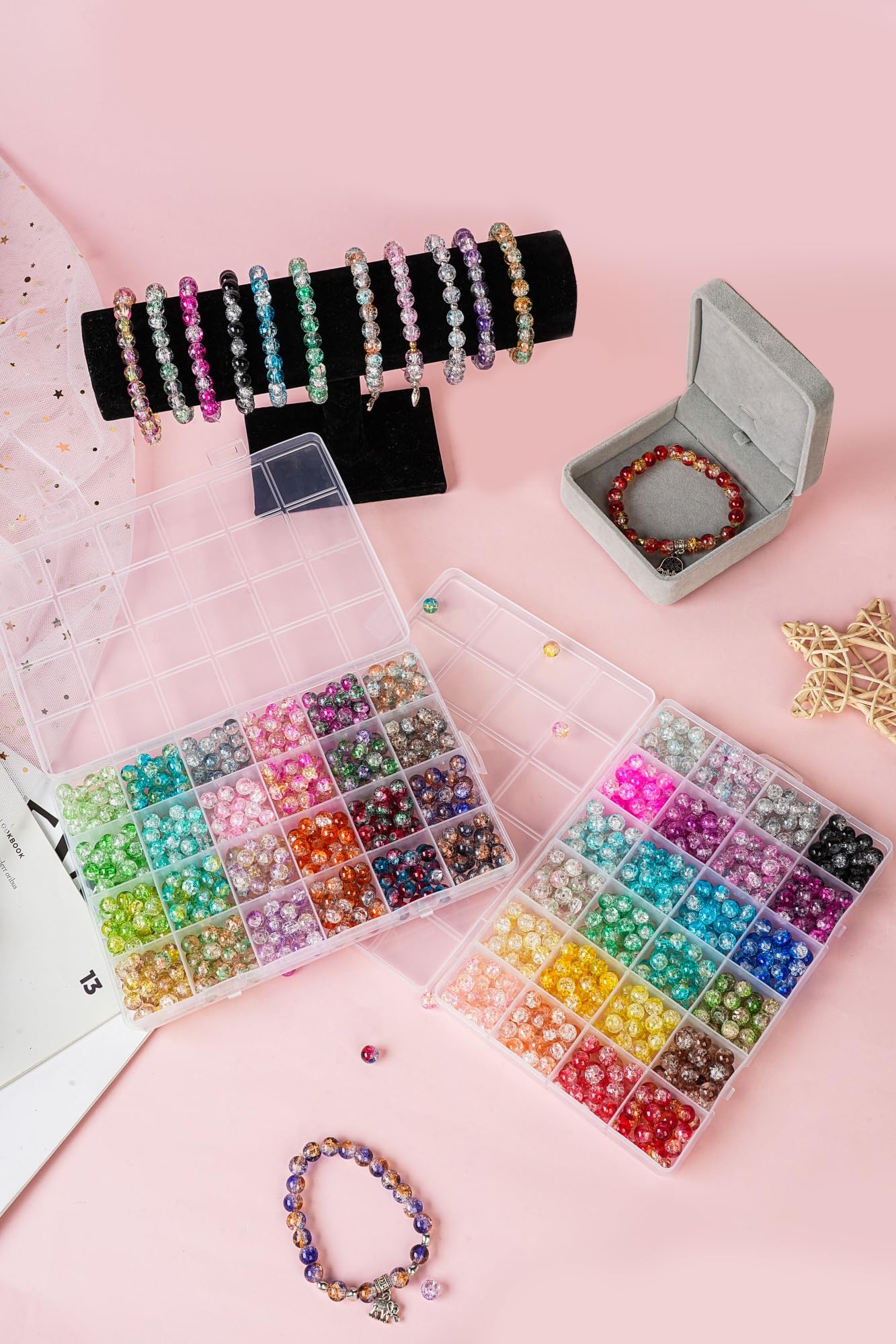 1300PCS 8mm Mixed Crackle Glass Beads for Bracelets Making with Accessories, 48 Colors Crystal Glass Beads Jewelry Making Kit, Round Beads for DIY Bracelet Crafts