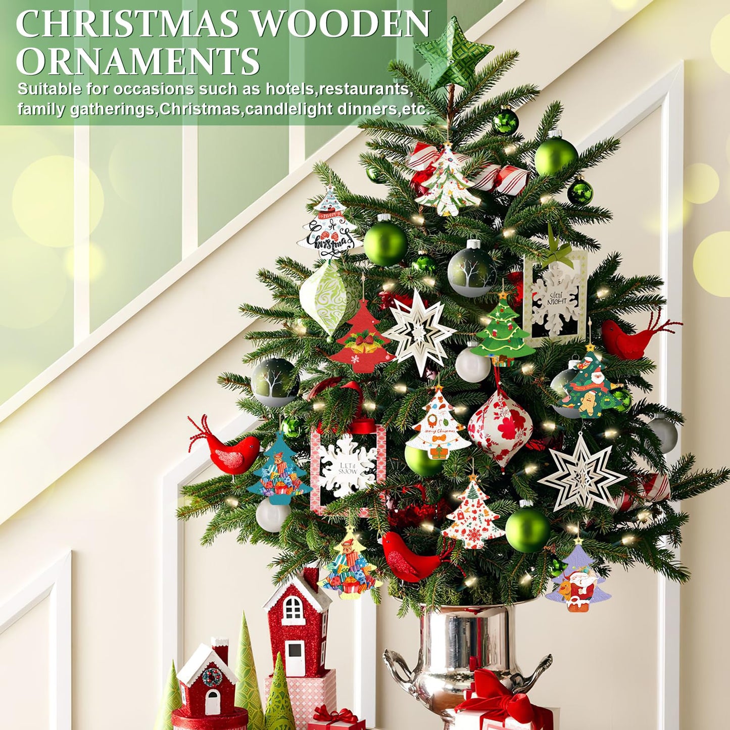 Wooden Christmas Tree Ornaments to Paint Christmas Thanksgiving Decoration Cutouts Unfinished 24PCS 3.5 x 3 inches, DIY Blank Unfinished Christmastree Wood Discs Ornament for Home Crafts Hanging