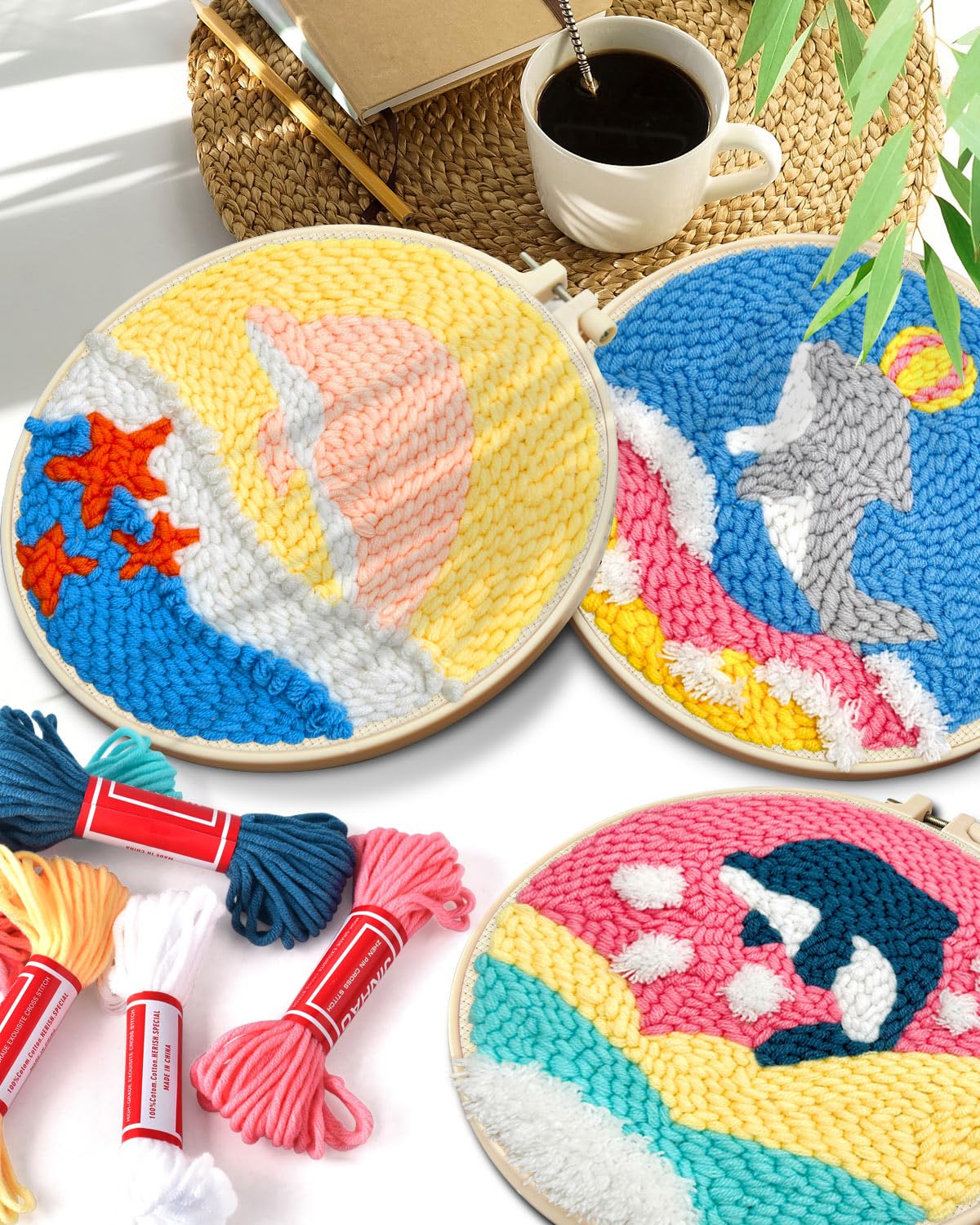 Punch Needle Kits, 3 Pack Punch Needle Embroidery Kits for Adults Beginner, Tool with Punch Needle Fabric, Hoops, Yarns and Sewing Needles (Dolphin)