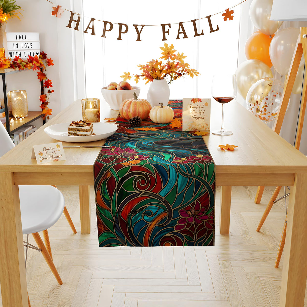 OHOME Fall Decor - Stained Glass Table Runner | Fall Decorations for Home - Thanksgiving Friendsgiving Autumn Centerpieces Backdrop Tablecloth for Tables Room Office Kitchen