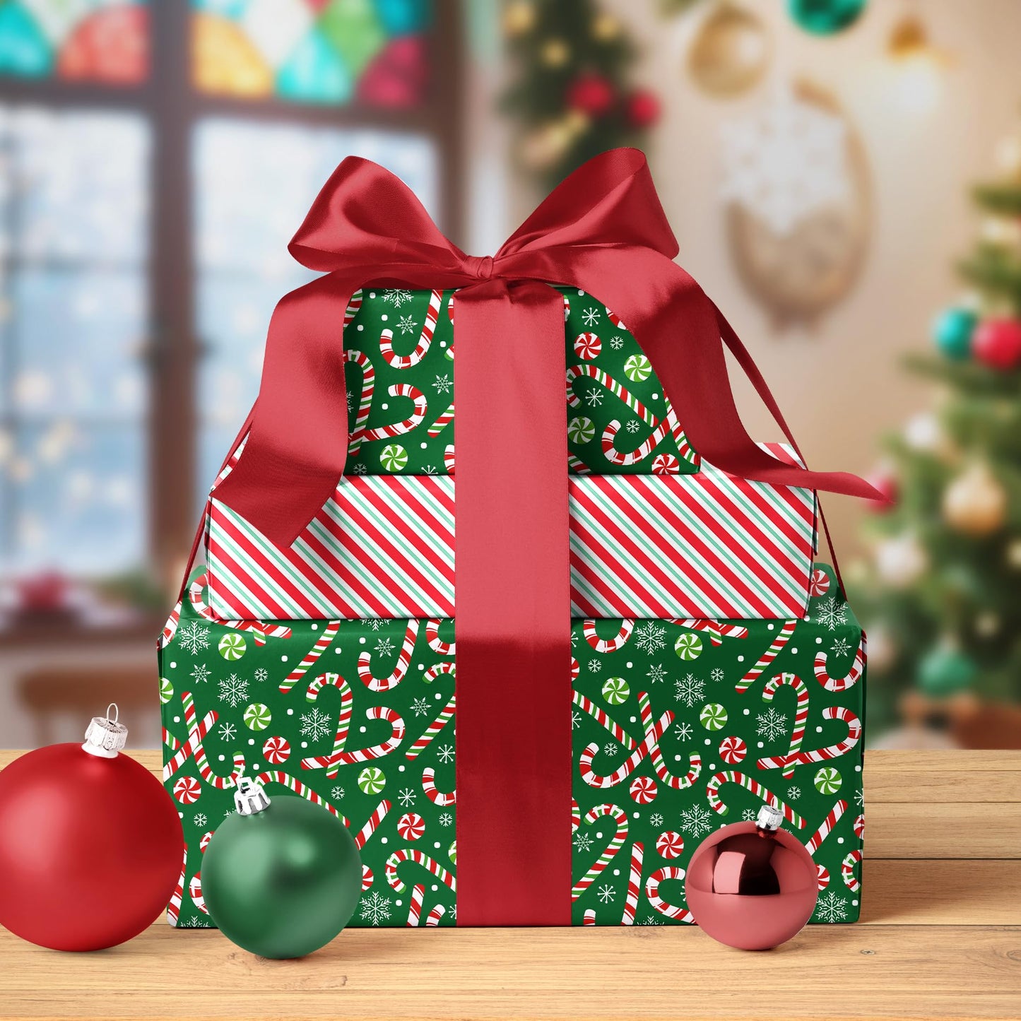 Reversible Green Christmas Wrapping Paper Roll, Classic Candy Cane & Red Striped Gift Wrap for Christmas, Holiday, Winter Party, 17 Inch x 33 Feet
