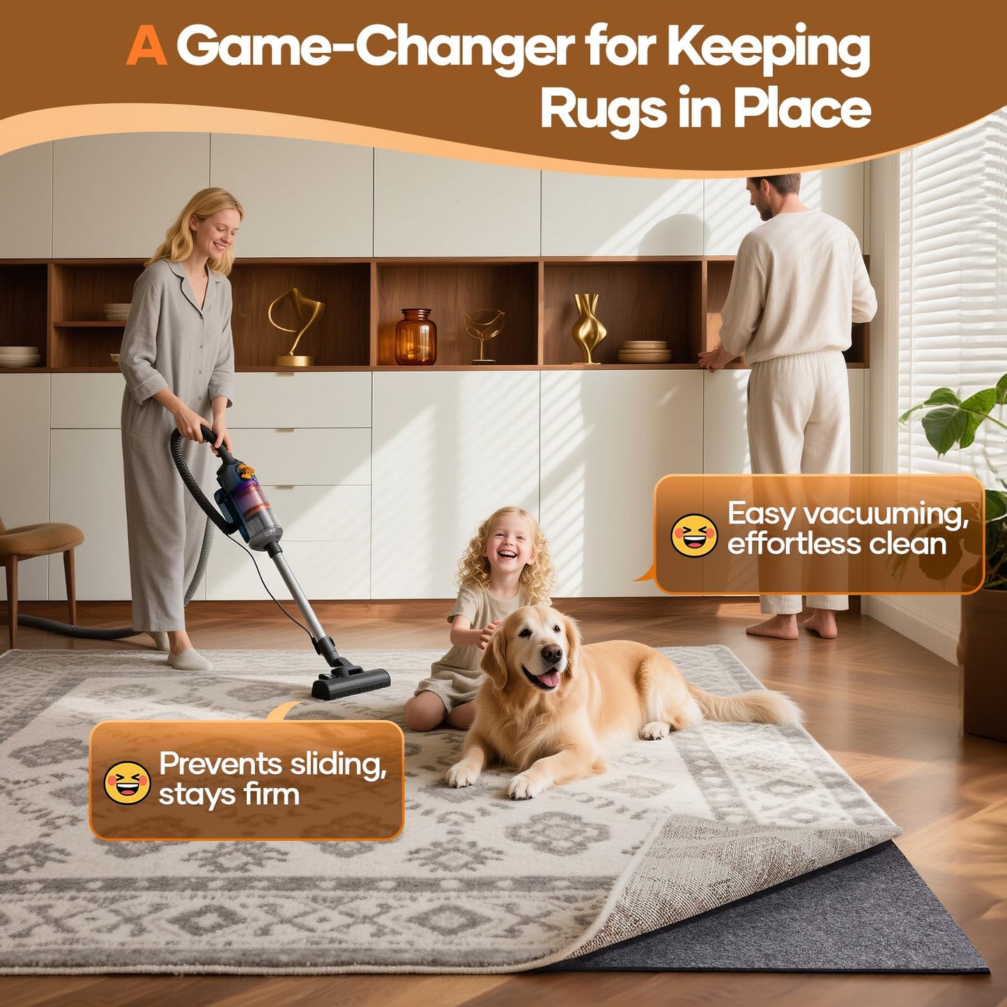 Non Slip Cushioned Rug Pad Gripper 8 x 10 Ft, Felt and Silicone Backing, 1/4 inch Thick Carpet Liner for Hardwood Floors and Finishes, Under Area Rugs Anti Skid Mat, Keep Rugs Safe and in Place