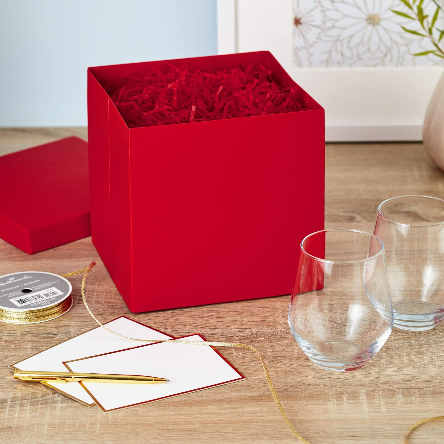 Medium Gift Box with Lid and Shredded Paper Fill (Red 7 inch Box) for Birthdays, Graduations, Anniversaries, Christmas, Valentine's Day, All Occasion