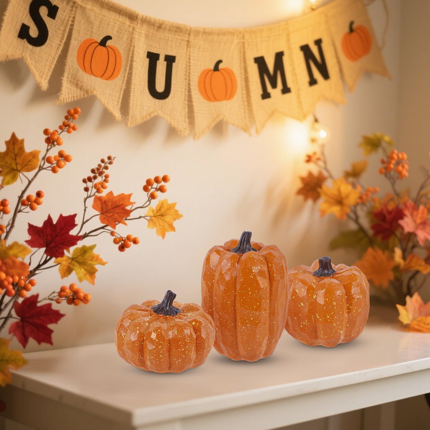 Pumpkins Fall Decor Set of 3 - Artificial Resin Thanksgiving Table Centerpiece for Home Mantel Porch Office & Farmhouse, Decorative Elegant Pumpkin Autumn Harvest Decorations (Orange)