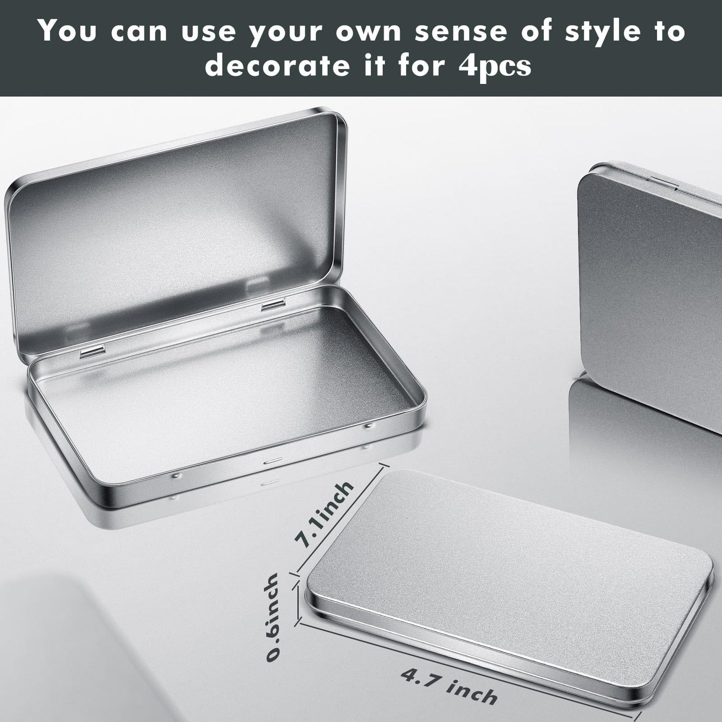 Geiserailie 4 Pack Rectangular Metal Tin Box with Lid Metal Hinged Lid Tin Empty Box Container Storage for Watercolor Jewelry Pen Eraser Pill Candy Craft Organize 7.0 x 4.2 x 0.6'' (Sliver)
