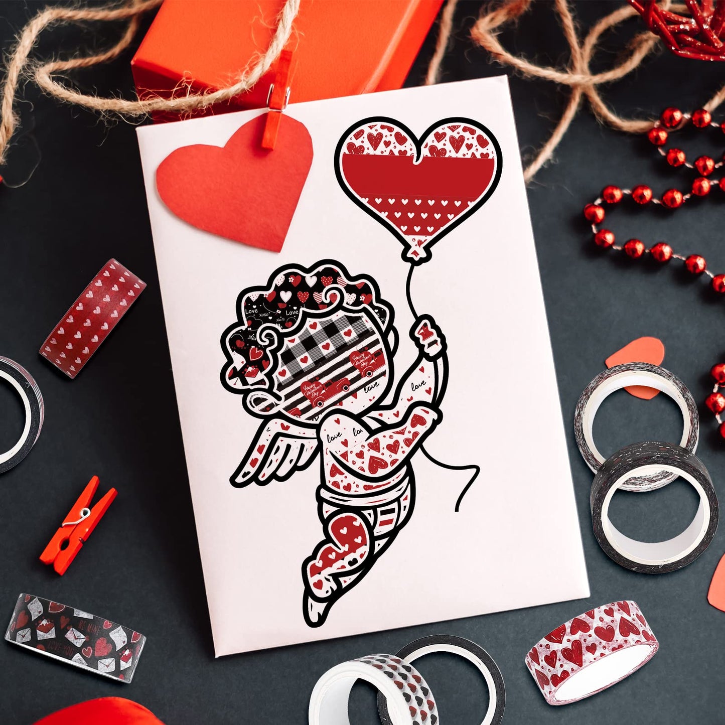 12 Rolls Valentine's Day Washi Tape Red Black Love Heart Truck Plaid Washi Masking Tape for Wedding Scrapbook Journal DIY Craft, 16.4Ft