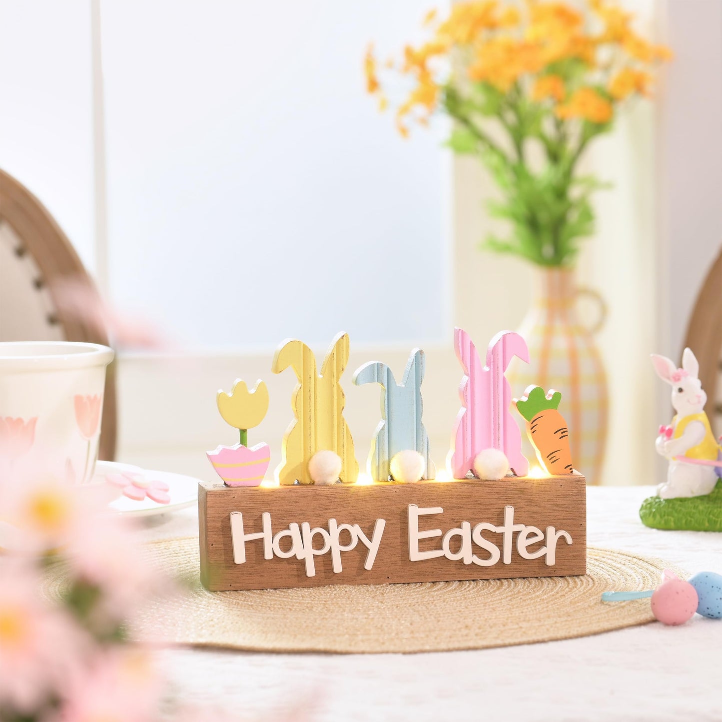 Easter Decorations, Wooden Easter Decor for Table with LED Lights, Lighted Bunny Decorations for The Home Decor Shelf Tiered Tray Living Room, 8 Inch, Pink Blue