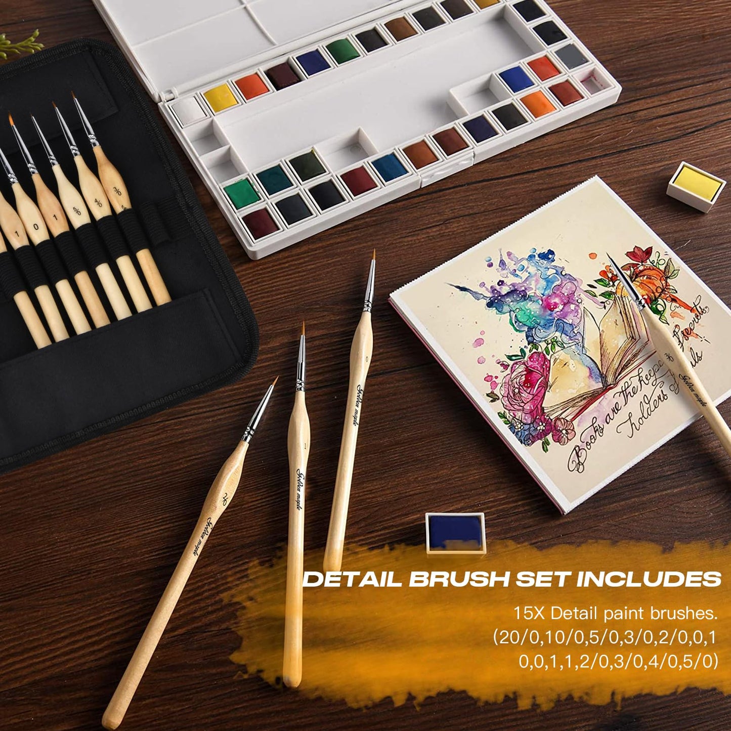 Golden Maple Miniature Paint Brushes, 15PC Model Brushes Micro Detail Paint Brush Set, Fine Detailing for Acrylics, Oils, Watercolors & Paint by Number, Figurine (Wood Color)