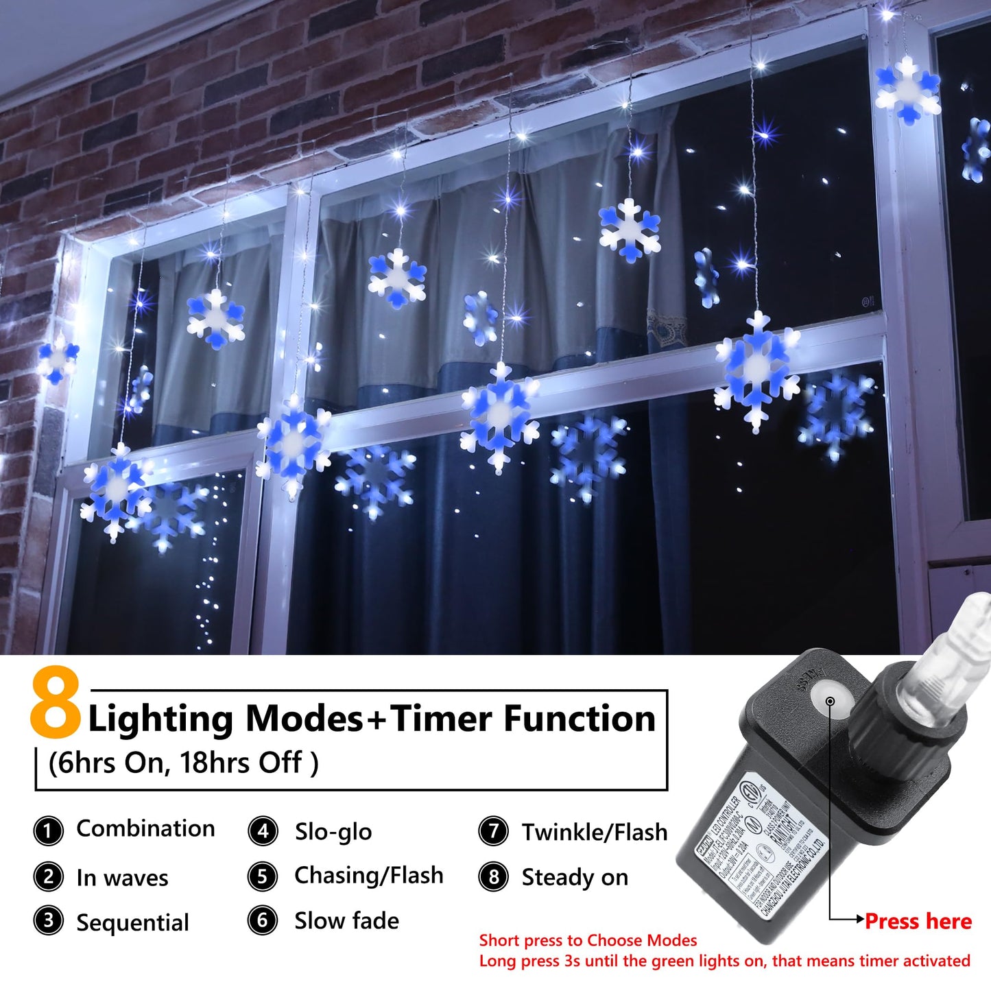 Christmas Snowflake Lights Outdoor, 17.22ft 264 LED Snowflake Icicle Lights with 22 Drops, Connectable, 8 Modes Waterproof Christmas Light for Eaves, Window, Xmas Decor - White & Blue