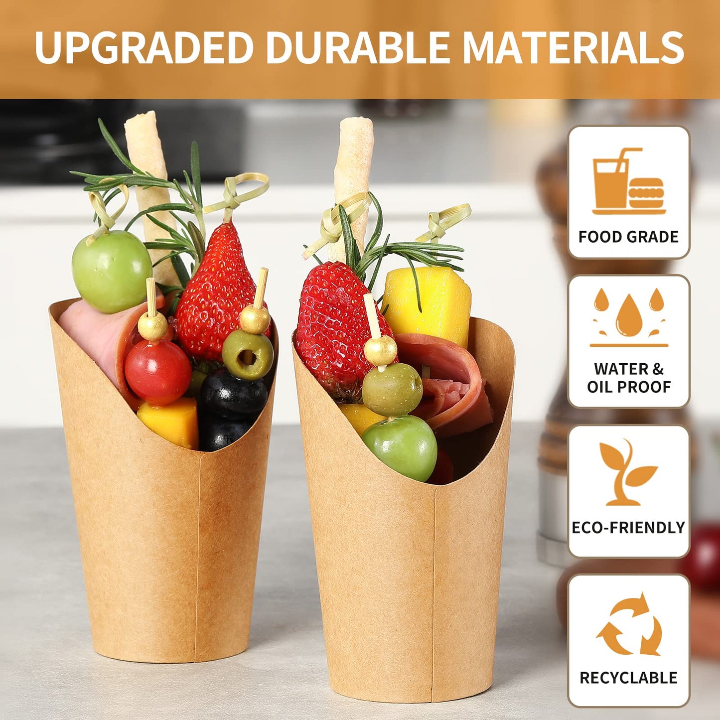 50 Charcuterie Cups with Sticks + 200 Cocktail Picks + 50 Labels, Disposable French Fry Holder with Bamboo Skewers Toothpicks, 12 oz Brown Kraft Paper Appetizer Cups Charcuterie Boards Accessories