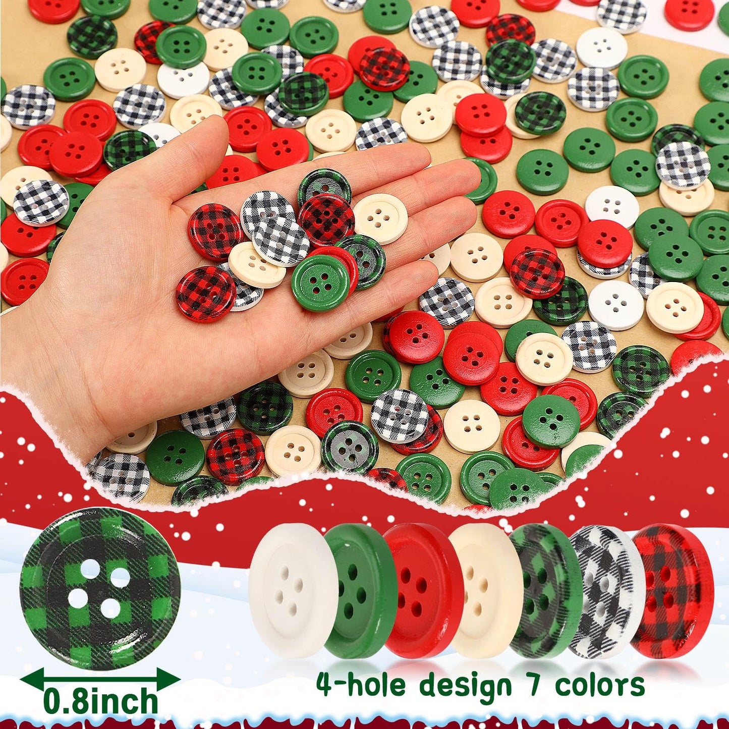 JUNEBRUSHS 260pcs Christmas Buffalo Plaid Wooden Buttons 4 Holes Round Wood Sewing Buttons for Christmas Stocking Decorative DIY Sewing Crafts Handmade Projects