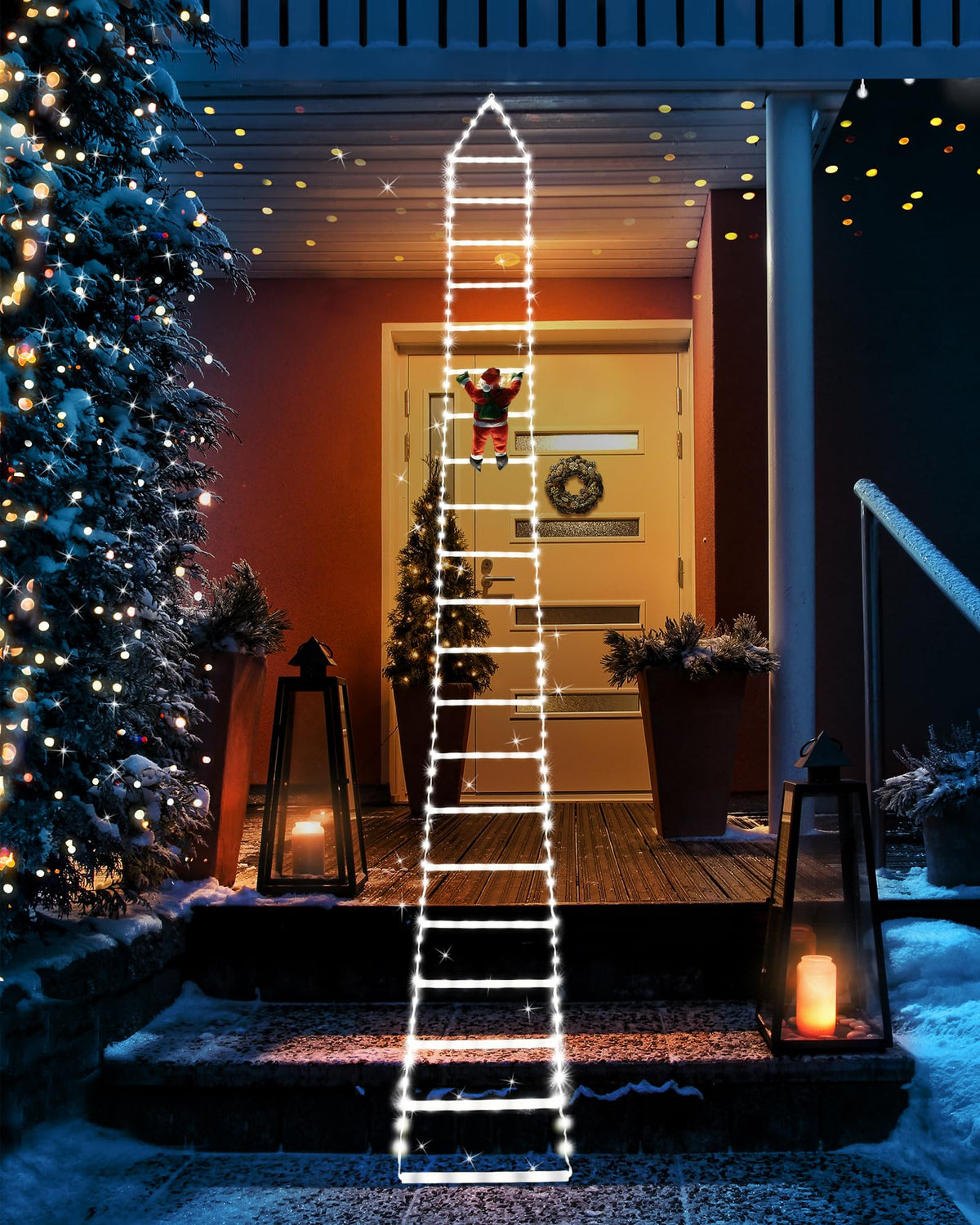 LED Christmas Lights - 10ft Christmas Decorative Ladder Lights with Santa Claus, Xmas Decorations Light for Indoor Outdoor, Window, Garden, Home, Wall, Xmas Tree Decor - White