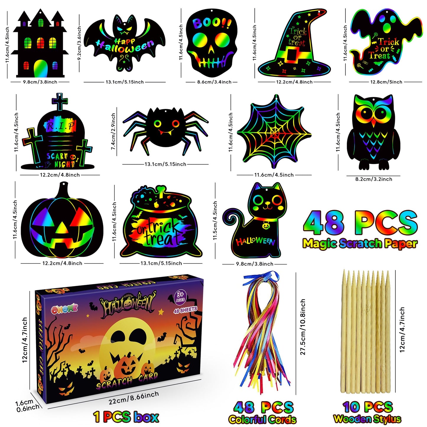 Halloween Party Favors - 48 PCS Magic Rainbow Scratch Paper Cards Set for Kids - Kids Halloween Games Crafts Treats Toys Gifts - Trick-or-Treat Activities Party Decorations Supplies